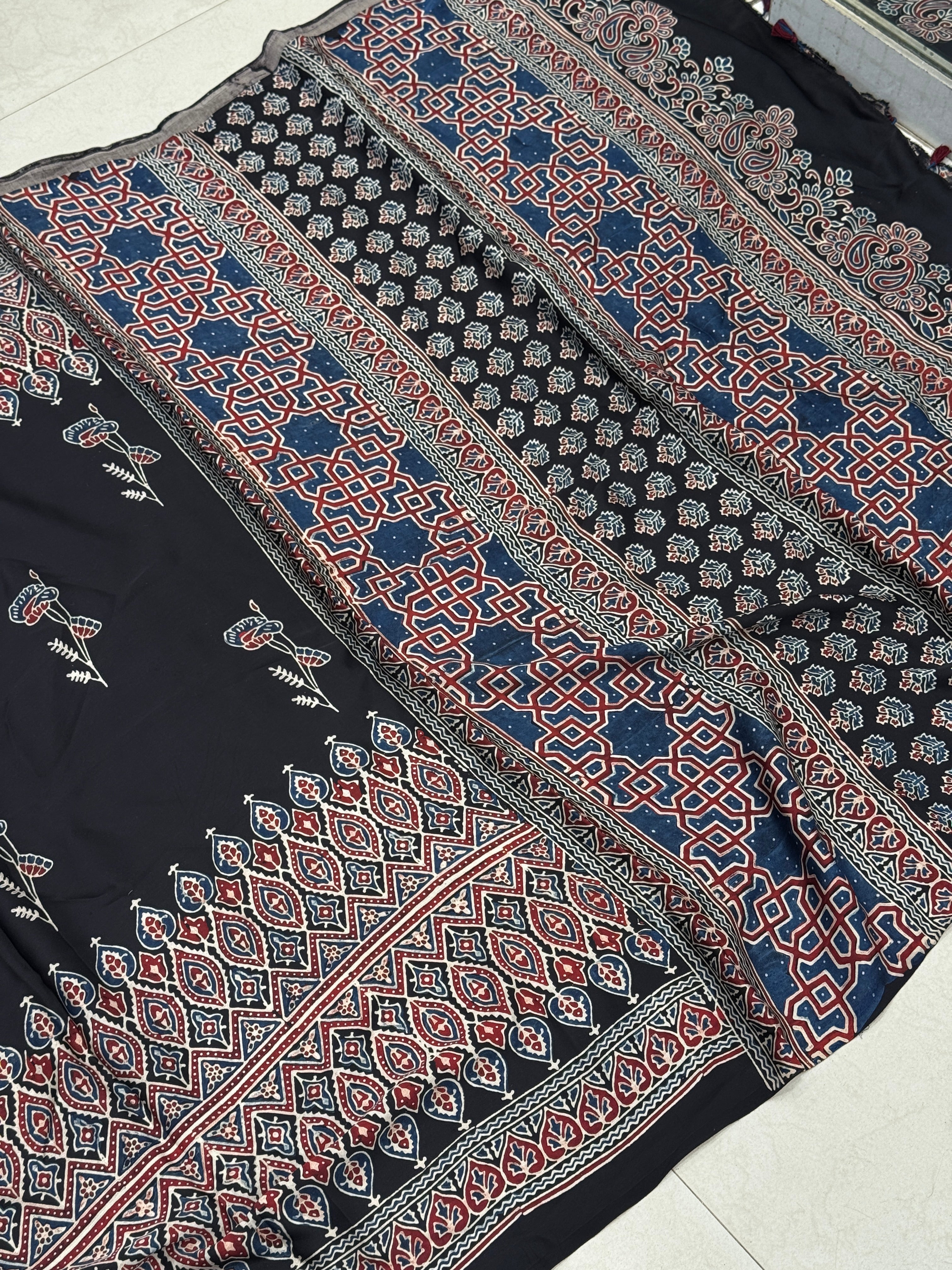 Black Contemporary Ajrakh Hand Block Print Pure Gajji Silk Saree