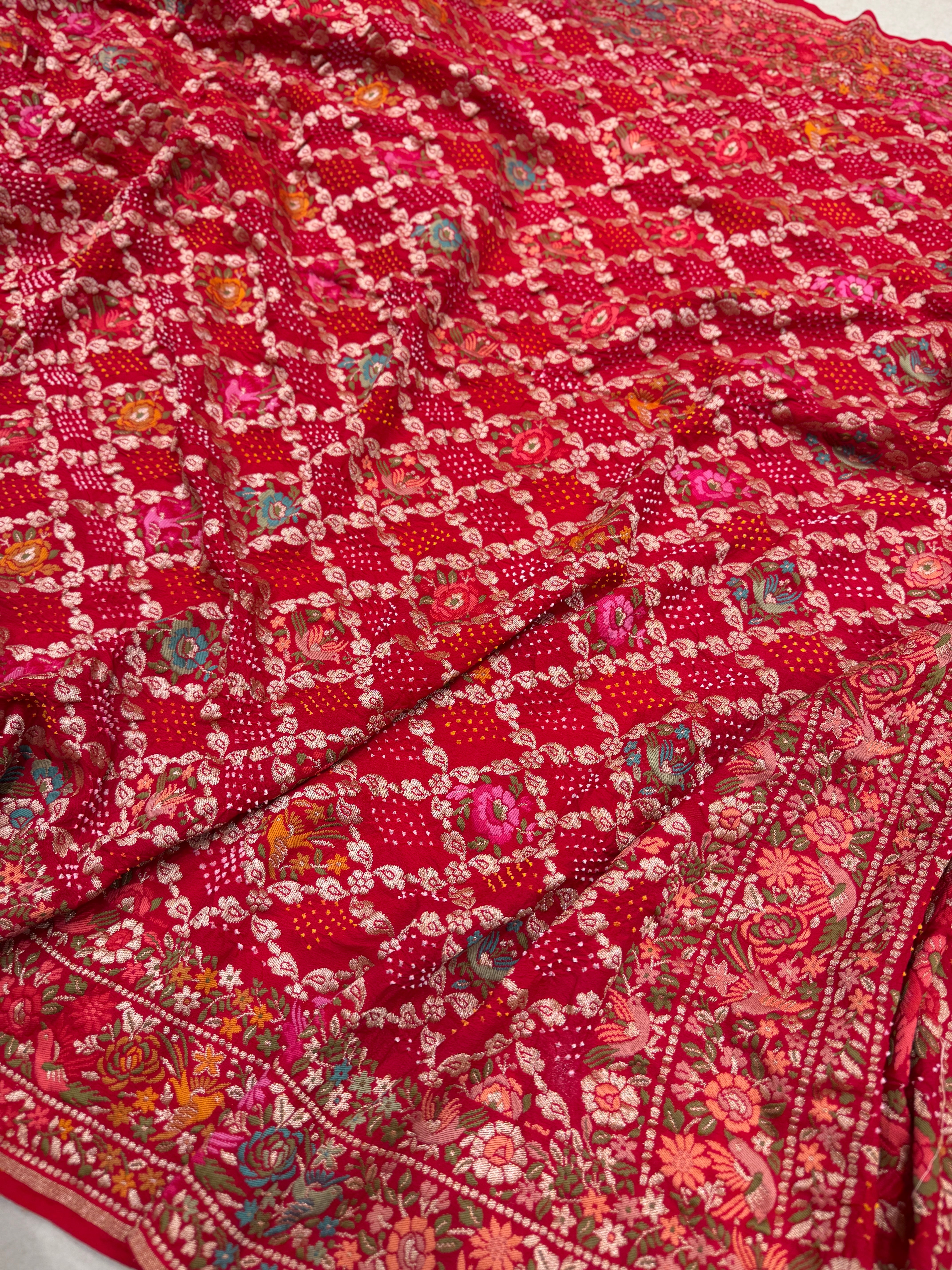Red Parsi Gara Weaved Rani Bandhej Saree