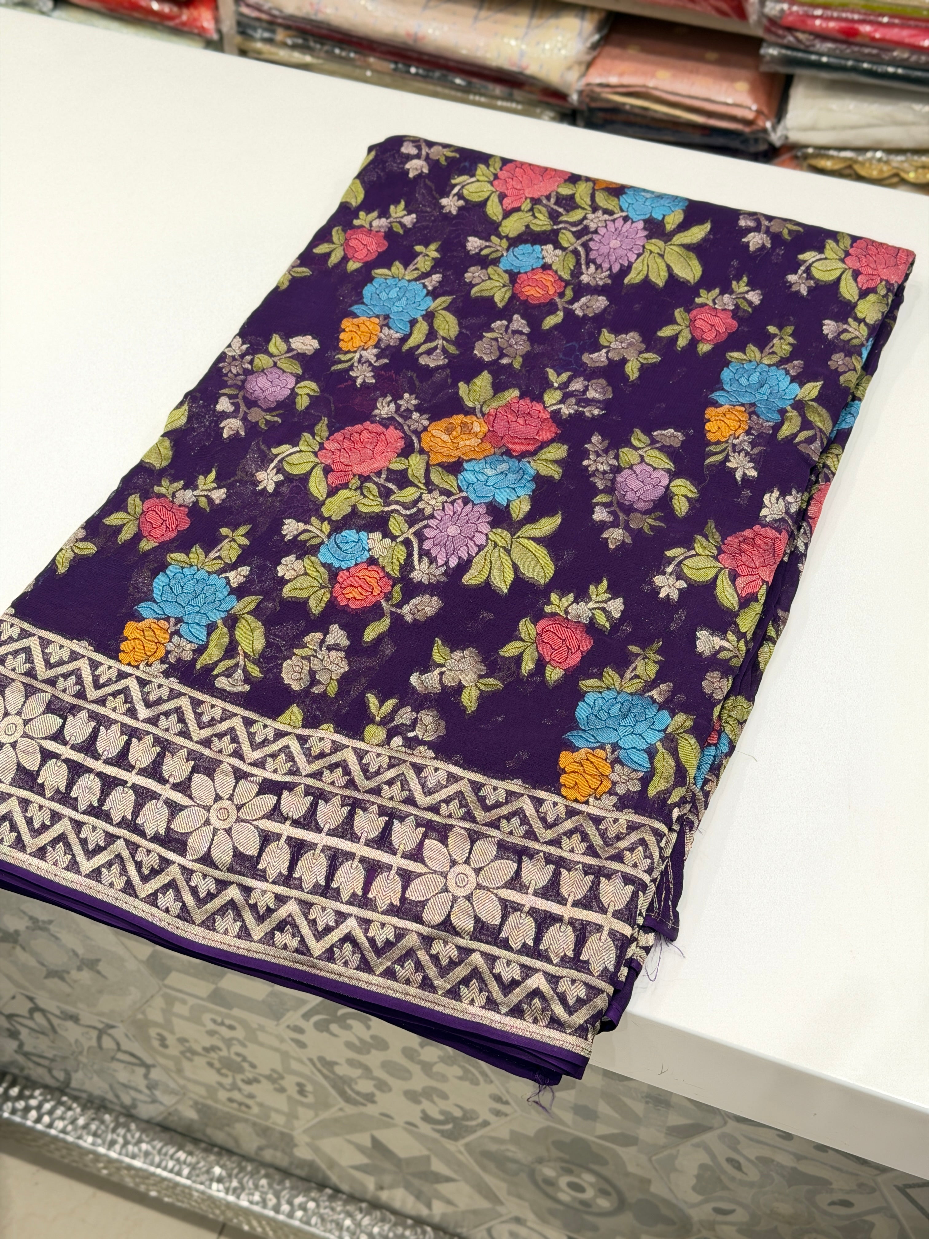 Violet Meenakari Floral Banarasi Khaddi Georgette Saree