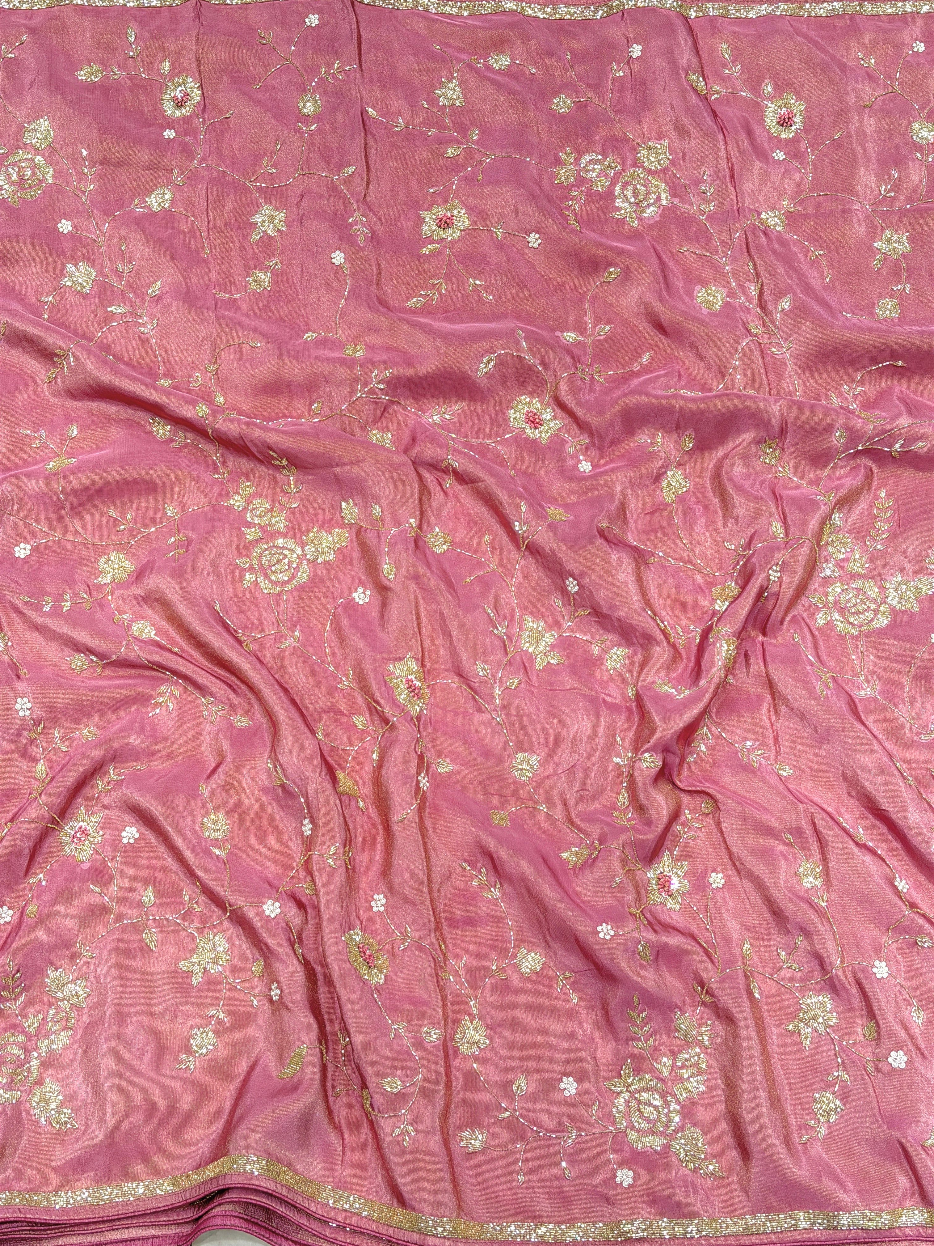 Pink Crepe Tissue Cutdana Knot Hand Embroidery Jaal Saree