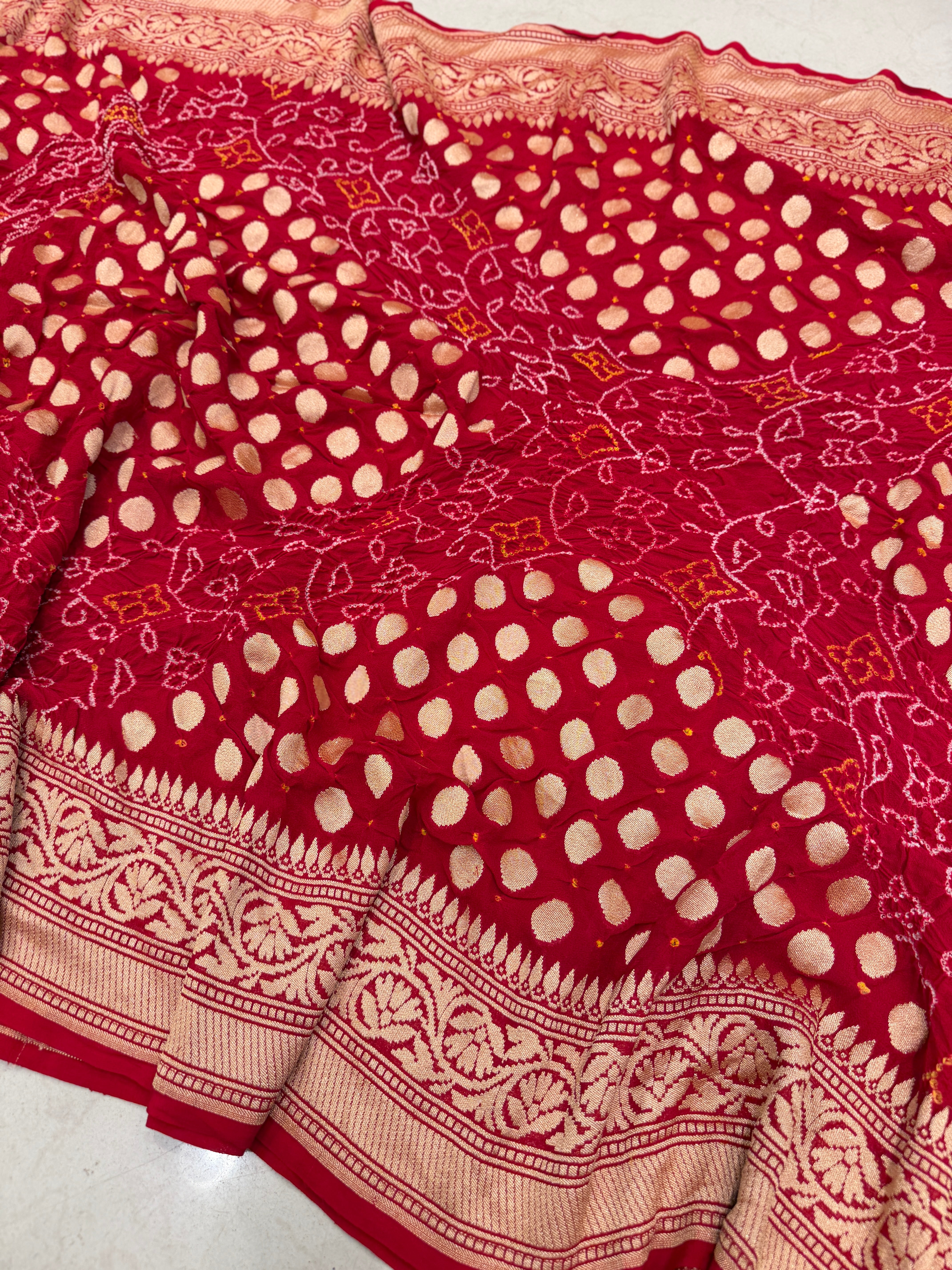 Red Metro Butti Rai Bandhej Banarasi Khaddi Georgette Saree