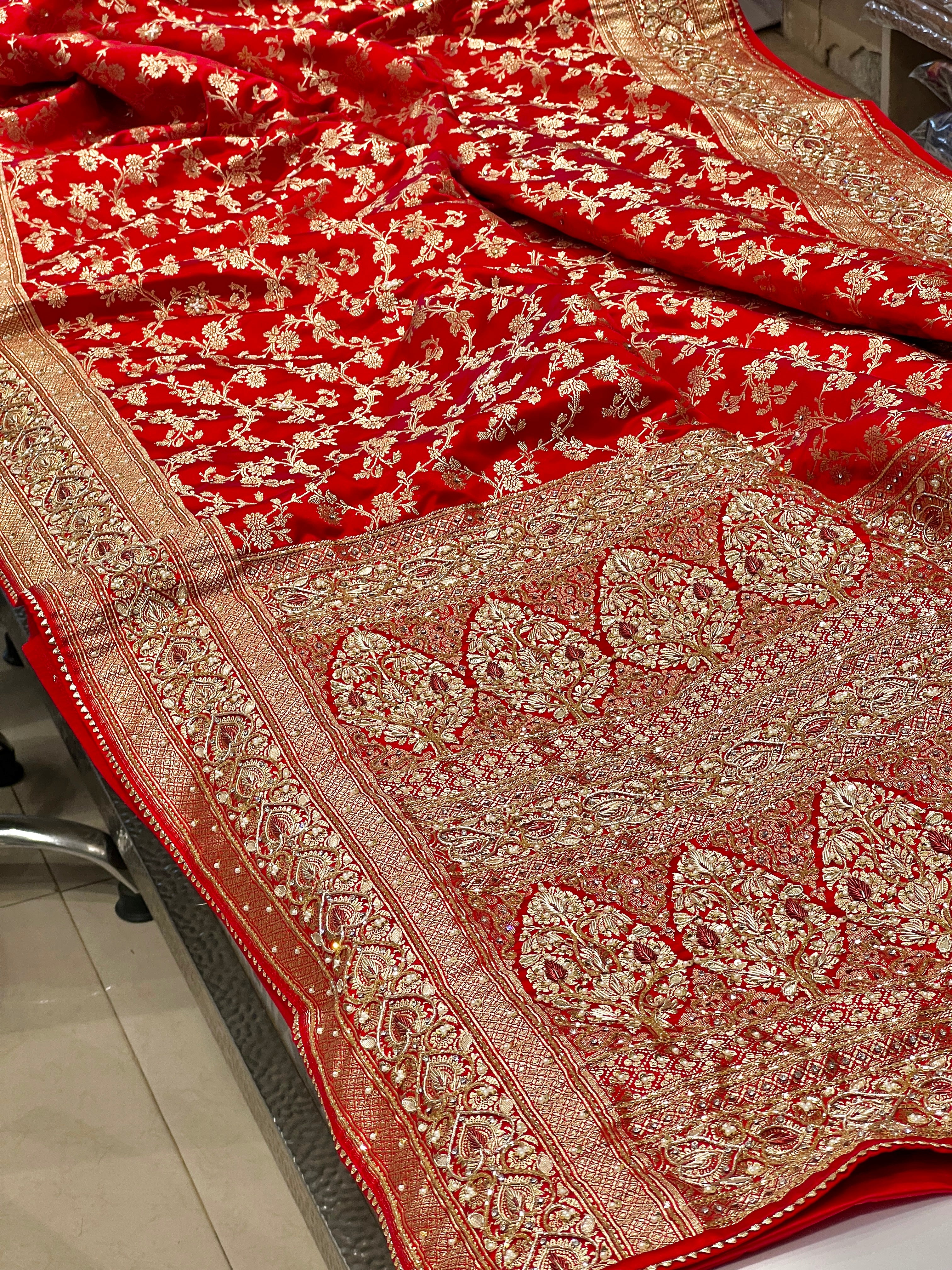 Red Banarasi Silk Jaal Zardosi Hand Embroidery Saree