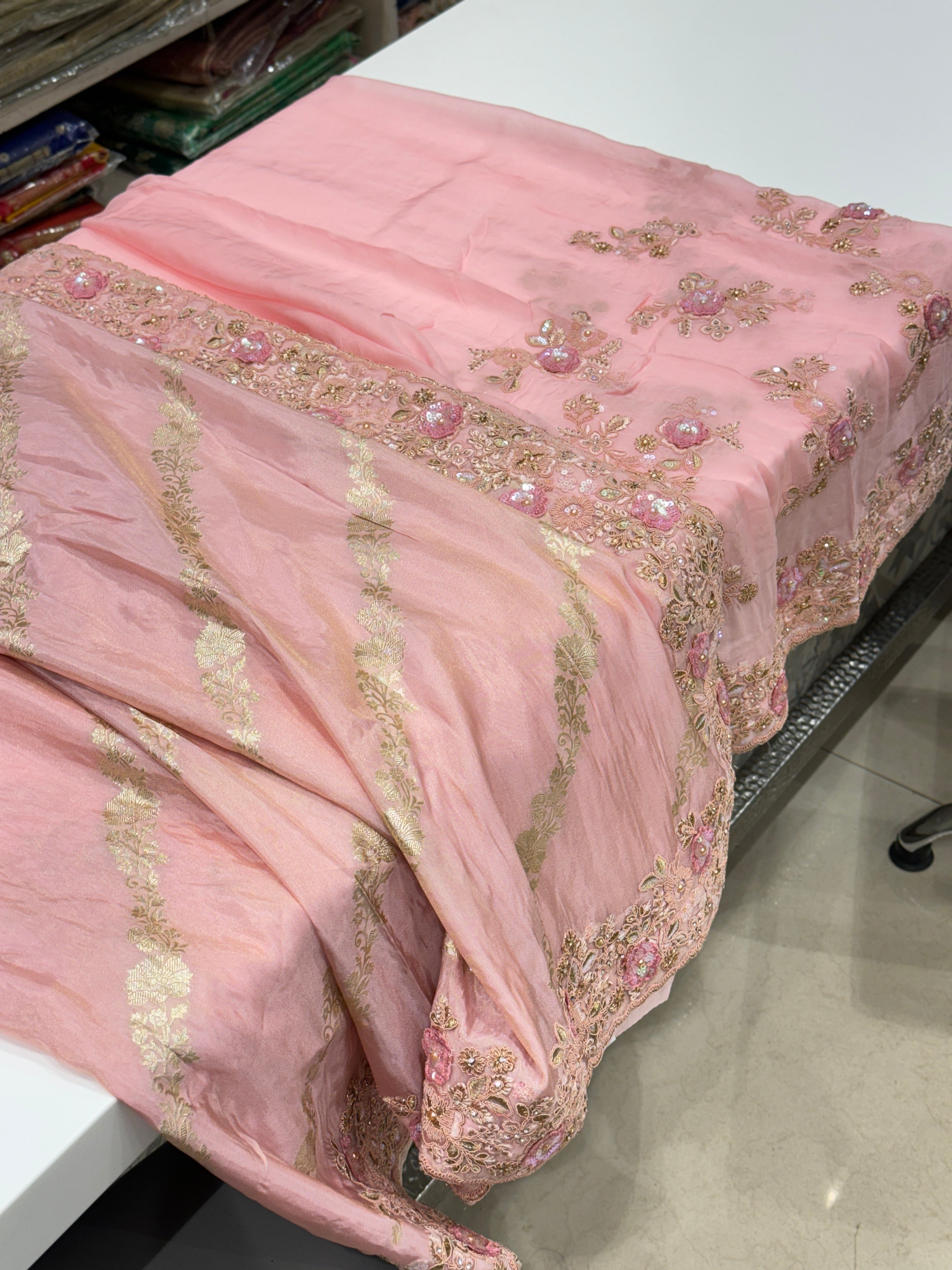 Pink Half n Half Crepe Tissue Embroidery Saree