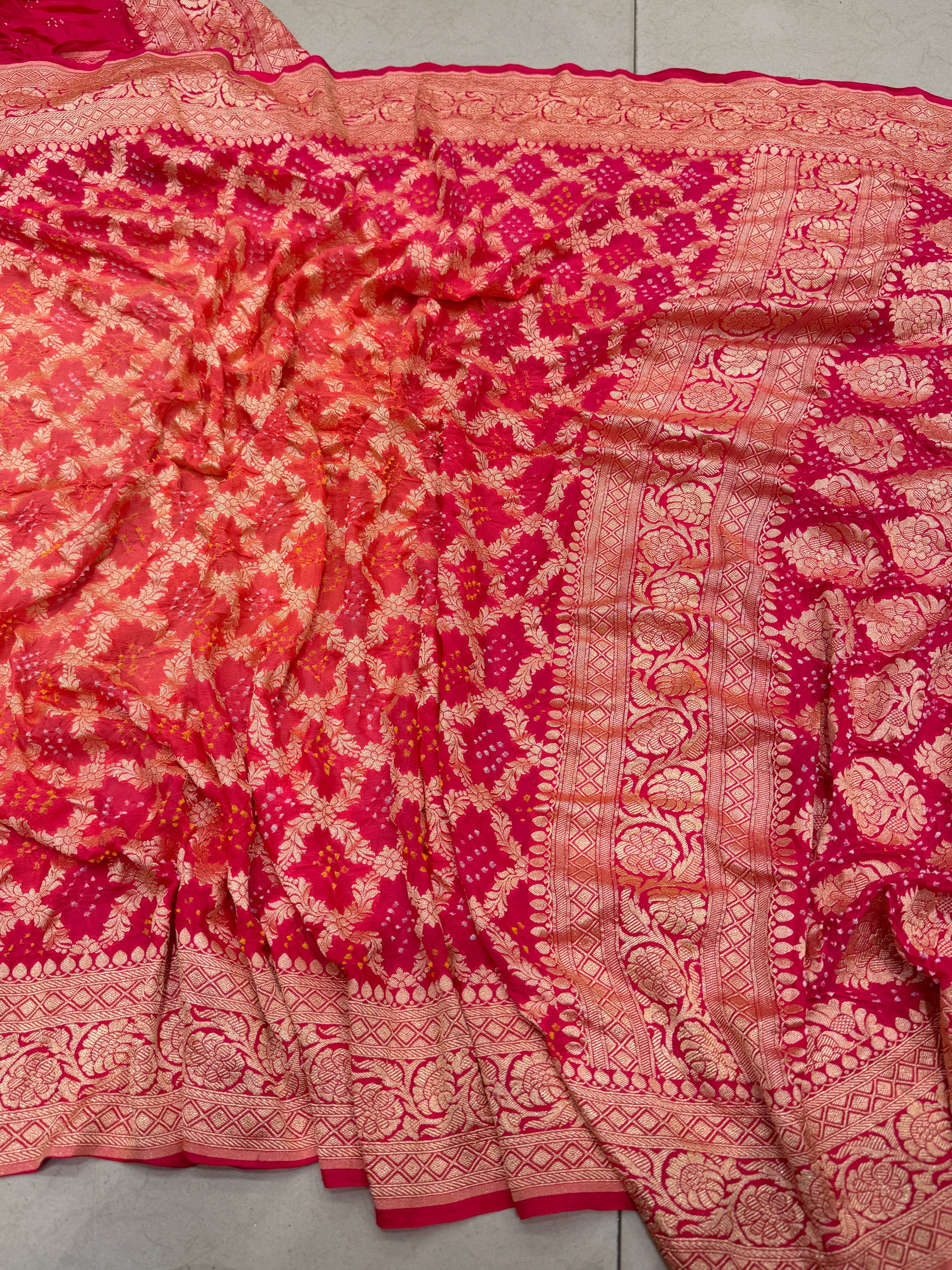 Strawberry Peach Shaded Bandhej Bandhini Saree