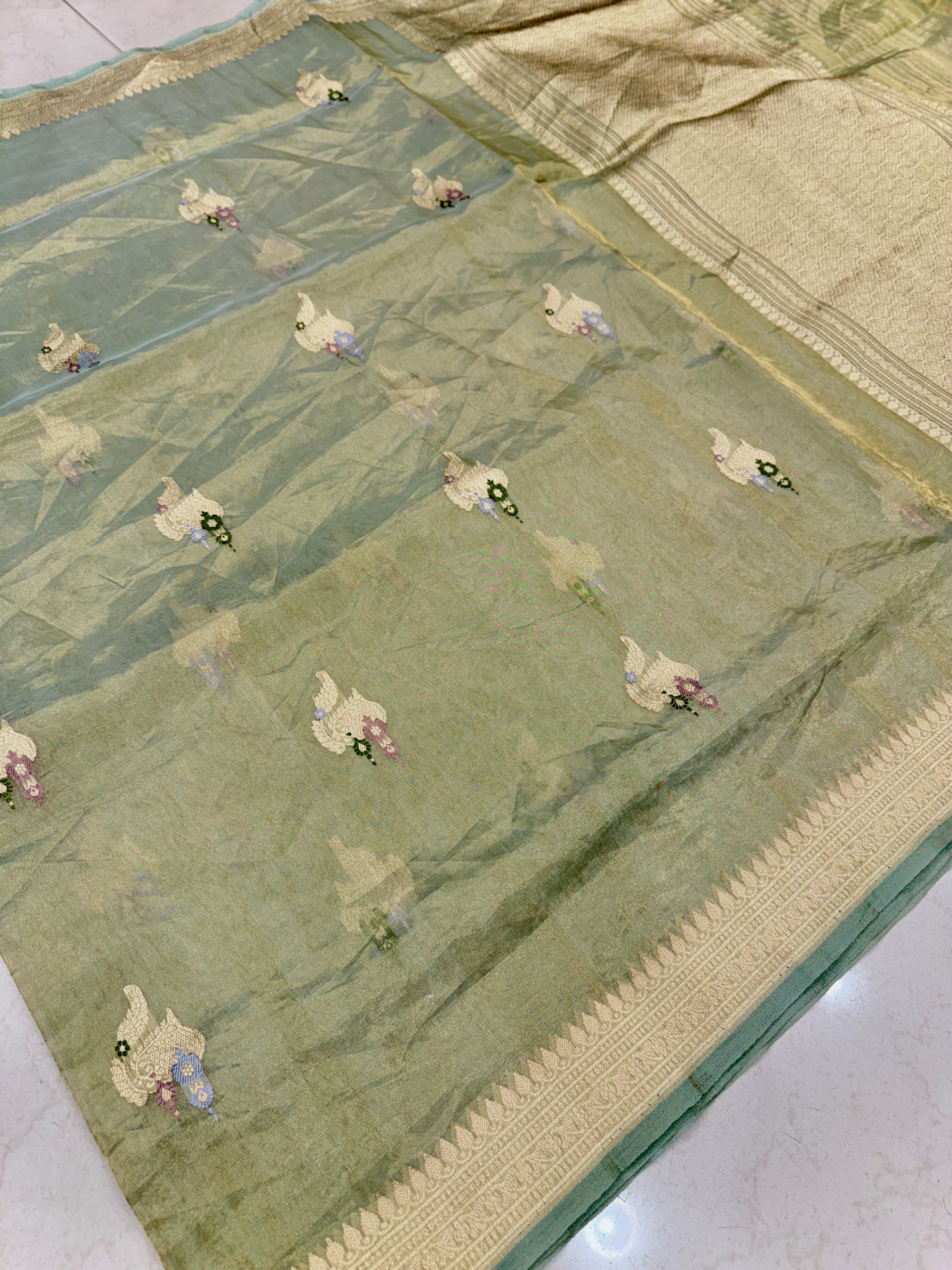 Pista Banarasi Tissue Handloom Meenakari Kadwa Buttis Saree