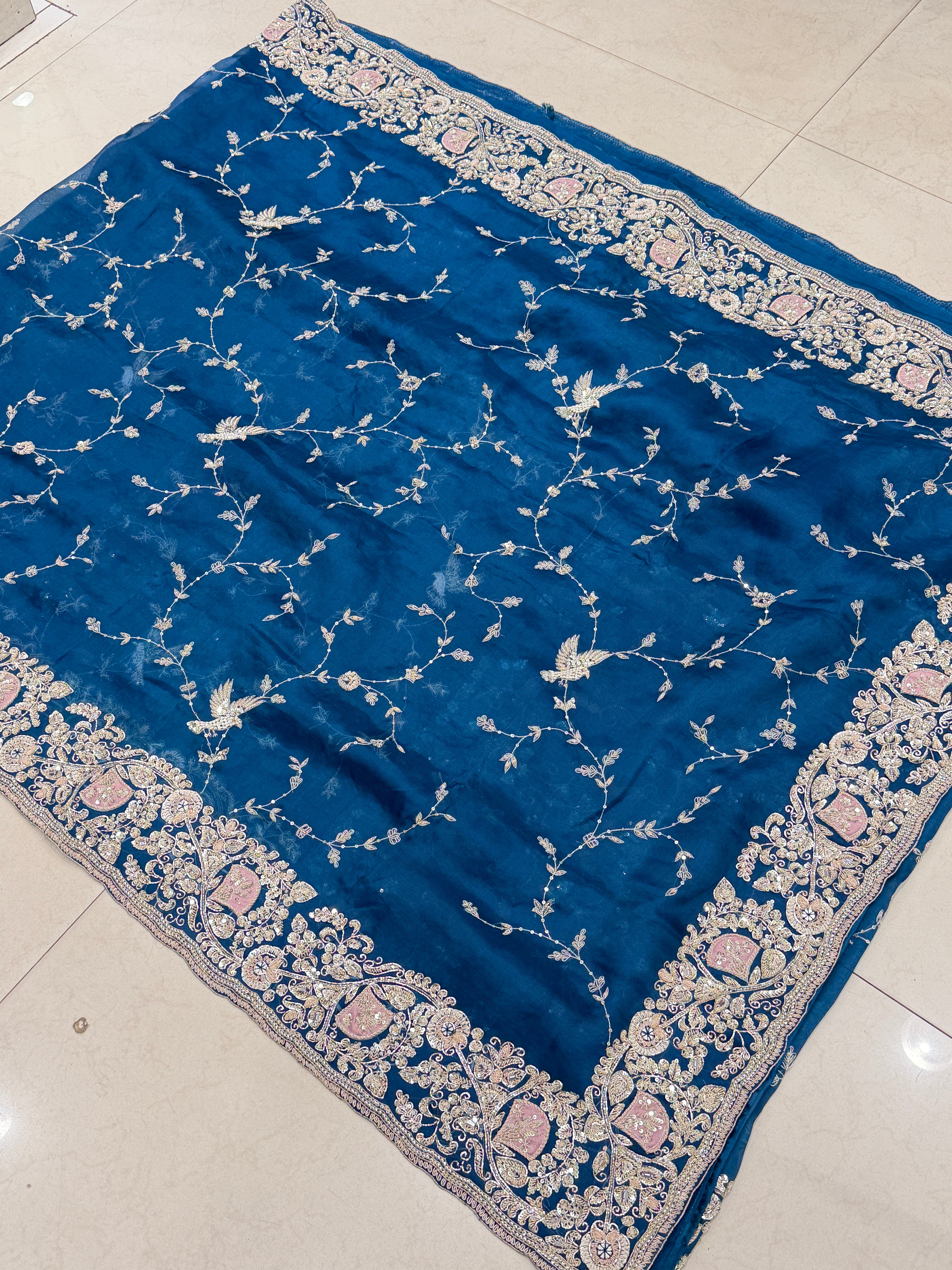 Petrol Blue Patch Work Zardosi Hand Embroidery Saree