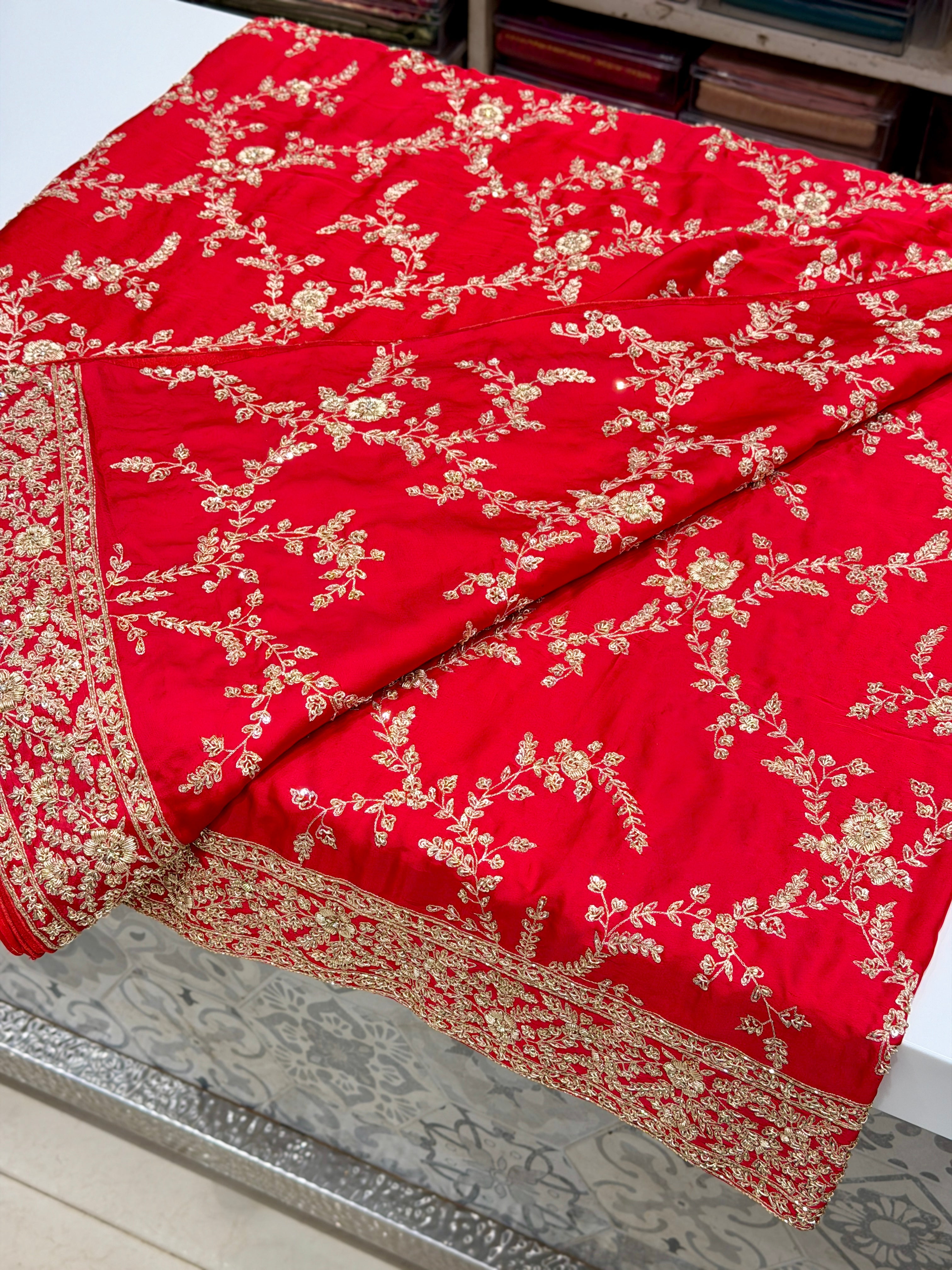 Red Pure Satin Silk Zardosi Hand Embroidery Jaal Saree
