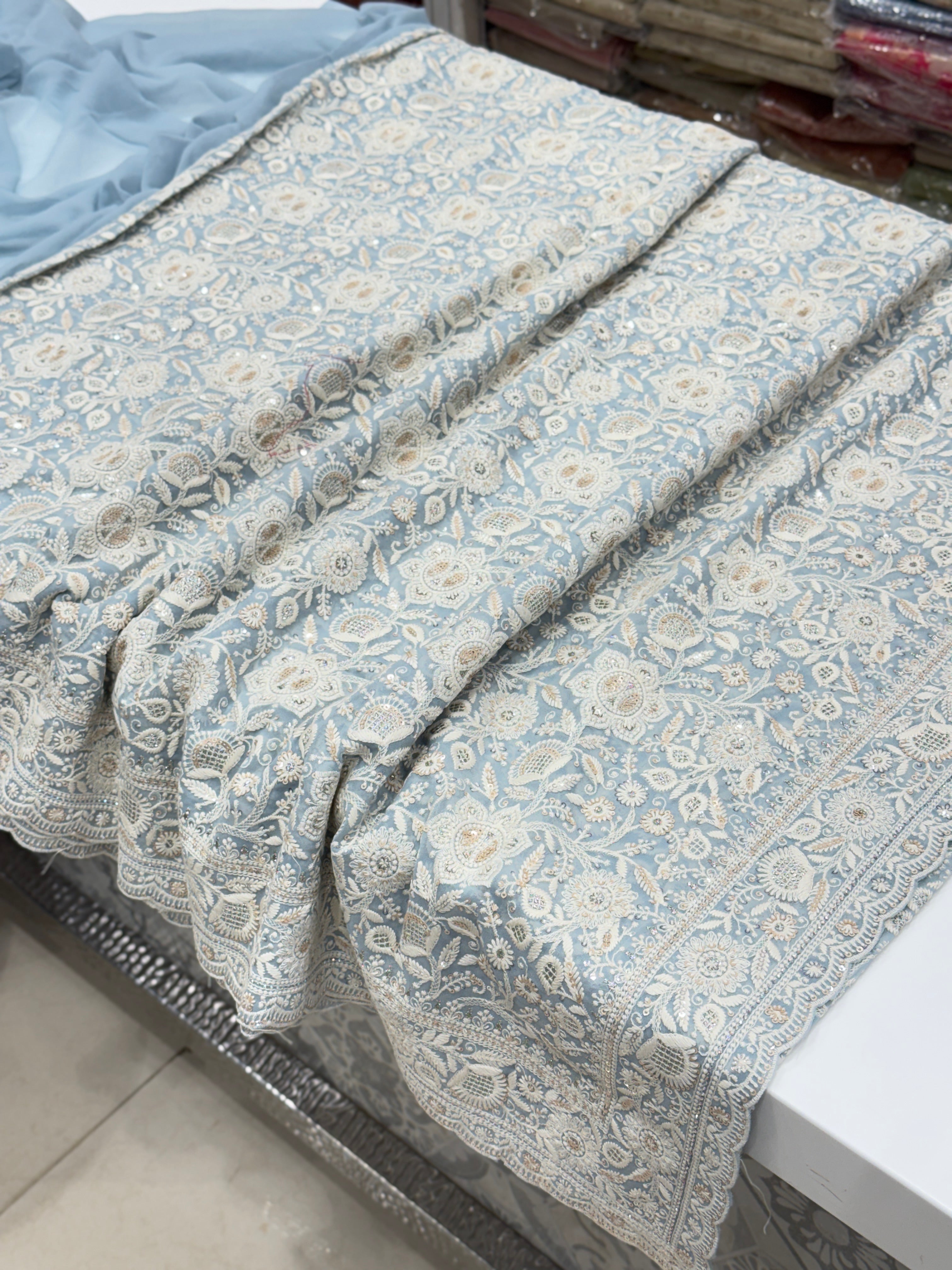 Powder Blue Chikankari Small Scallop Design Saree