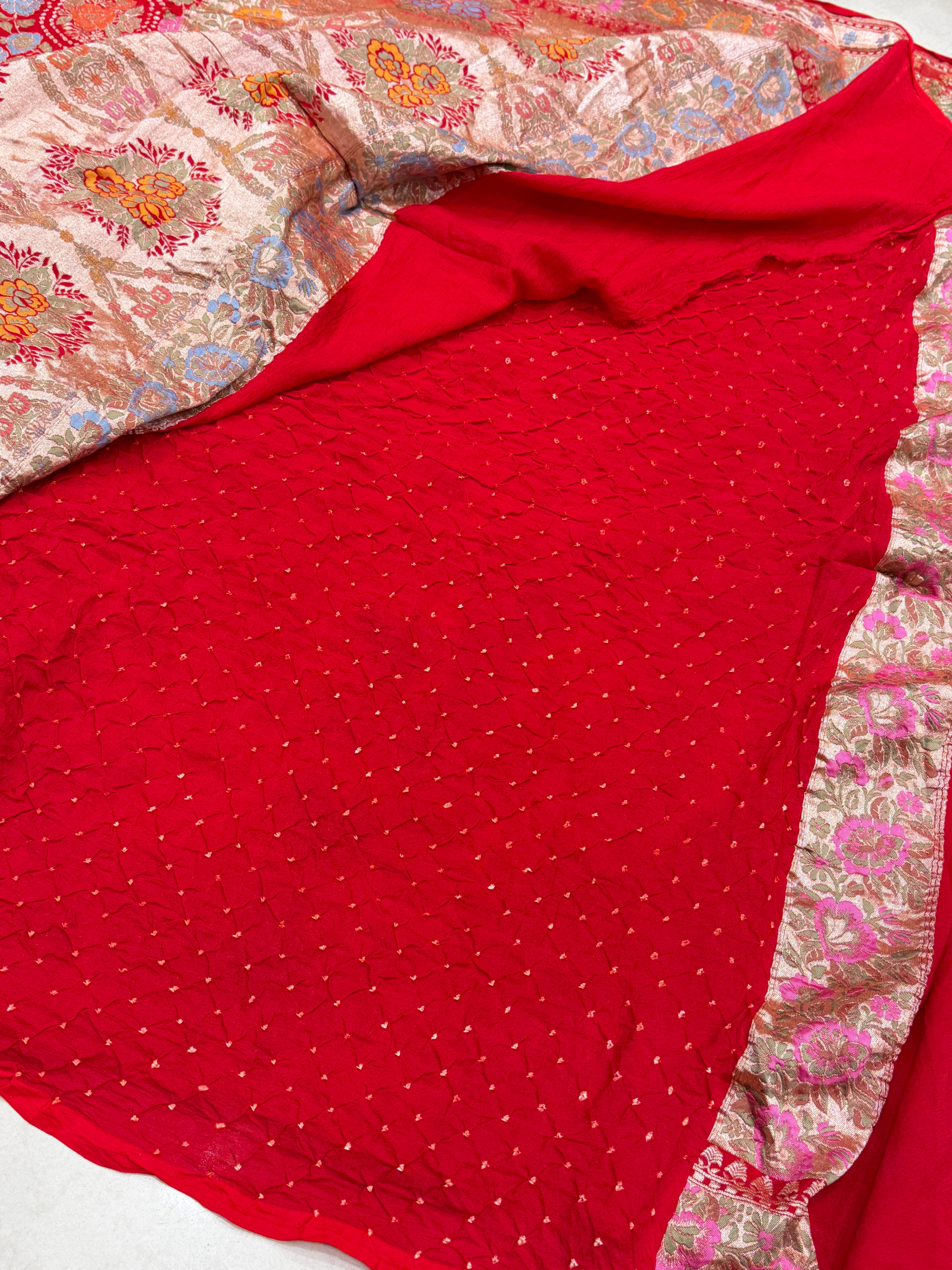 Red Floral Rose Buttas Meenakari Rai Bandhej Bandhini Saree