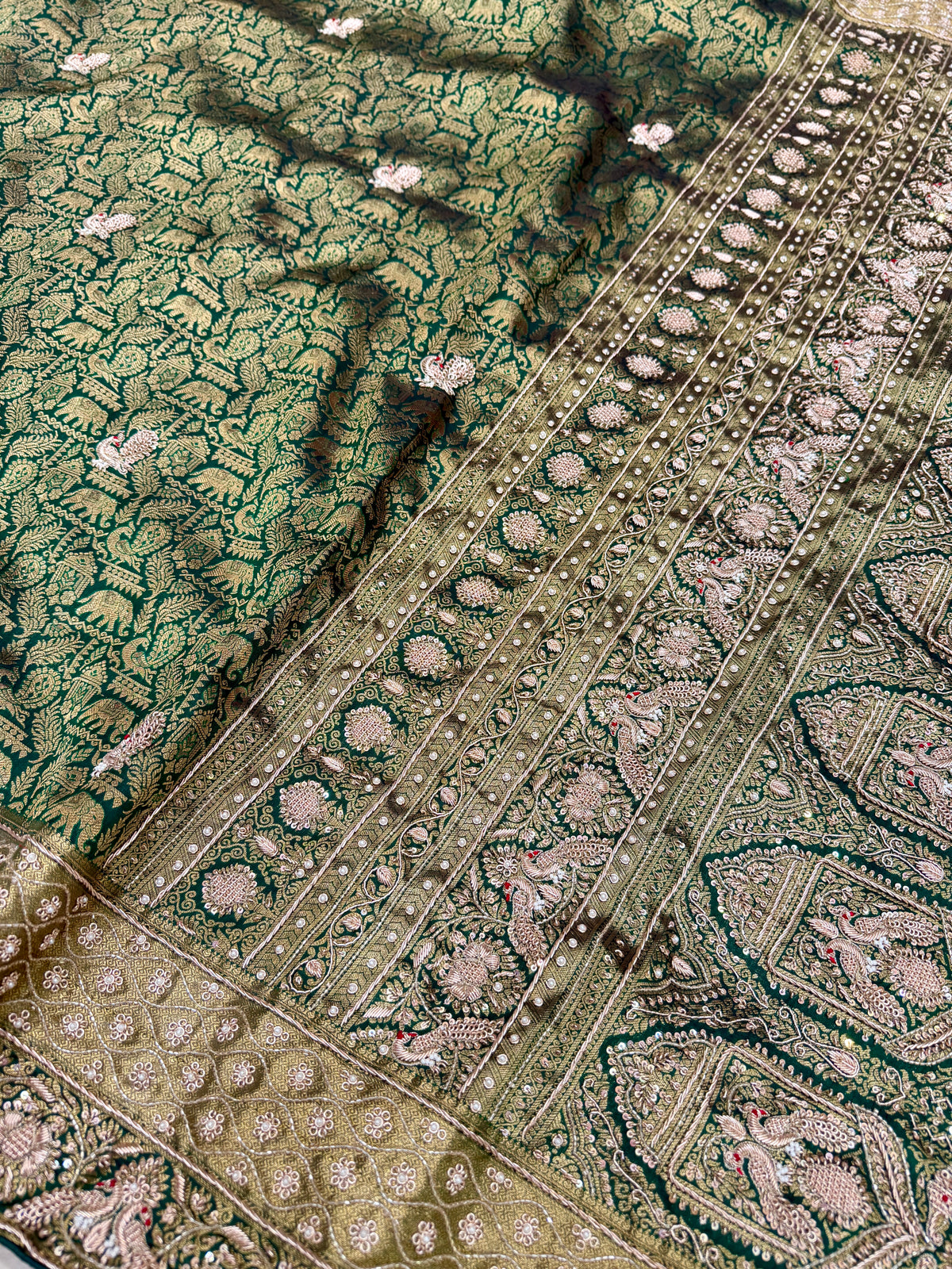 Bottle Green Kanjivaram Peacock Motif Hand Embroidery Zardosi Saree