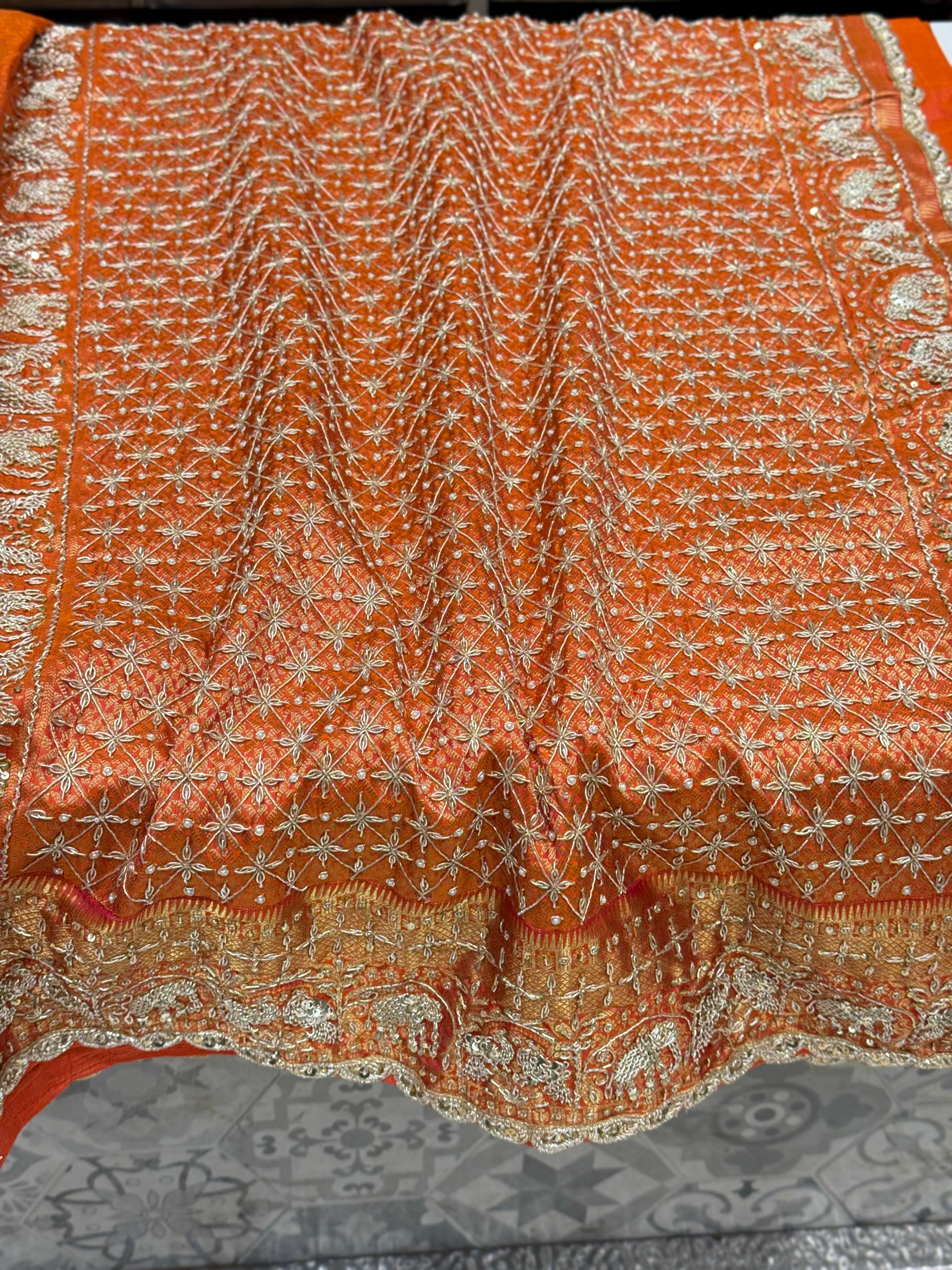 Orange Kanjivaram Peacock Motif Zardozi Hand Embroidery Saree