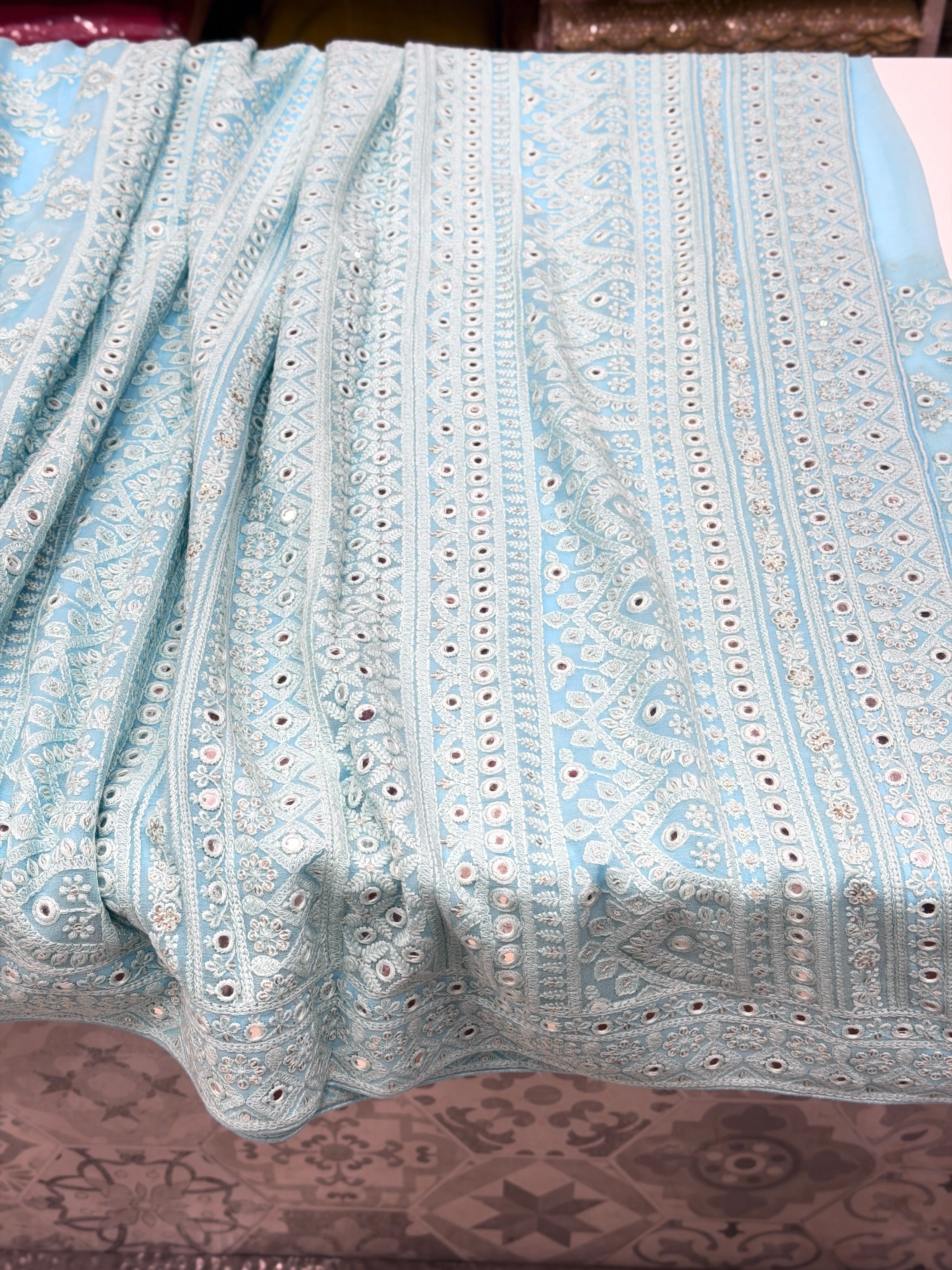 Light Blue Chikankari Jaal Georgette Resham Embroidery Saree