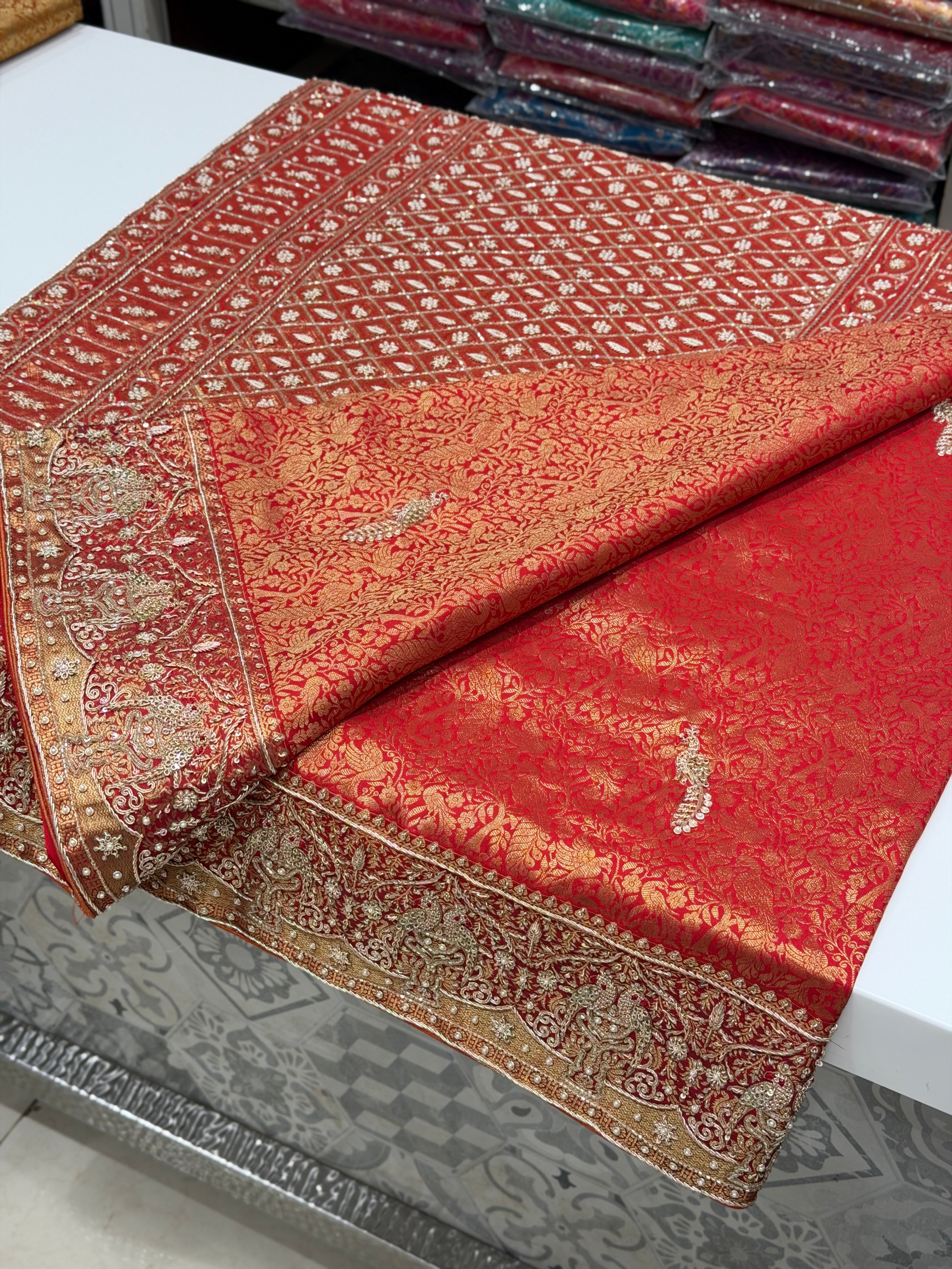 Red Kanjivaram Peacock Motif Hand Embroidery Zardosi Saree