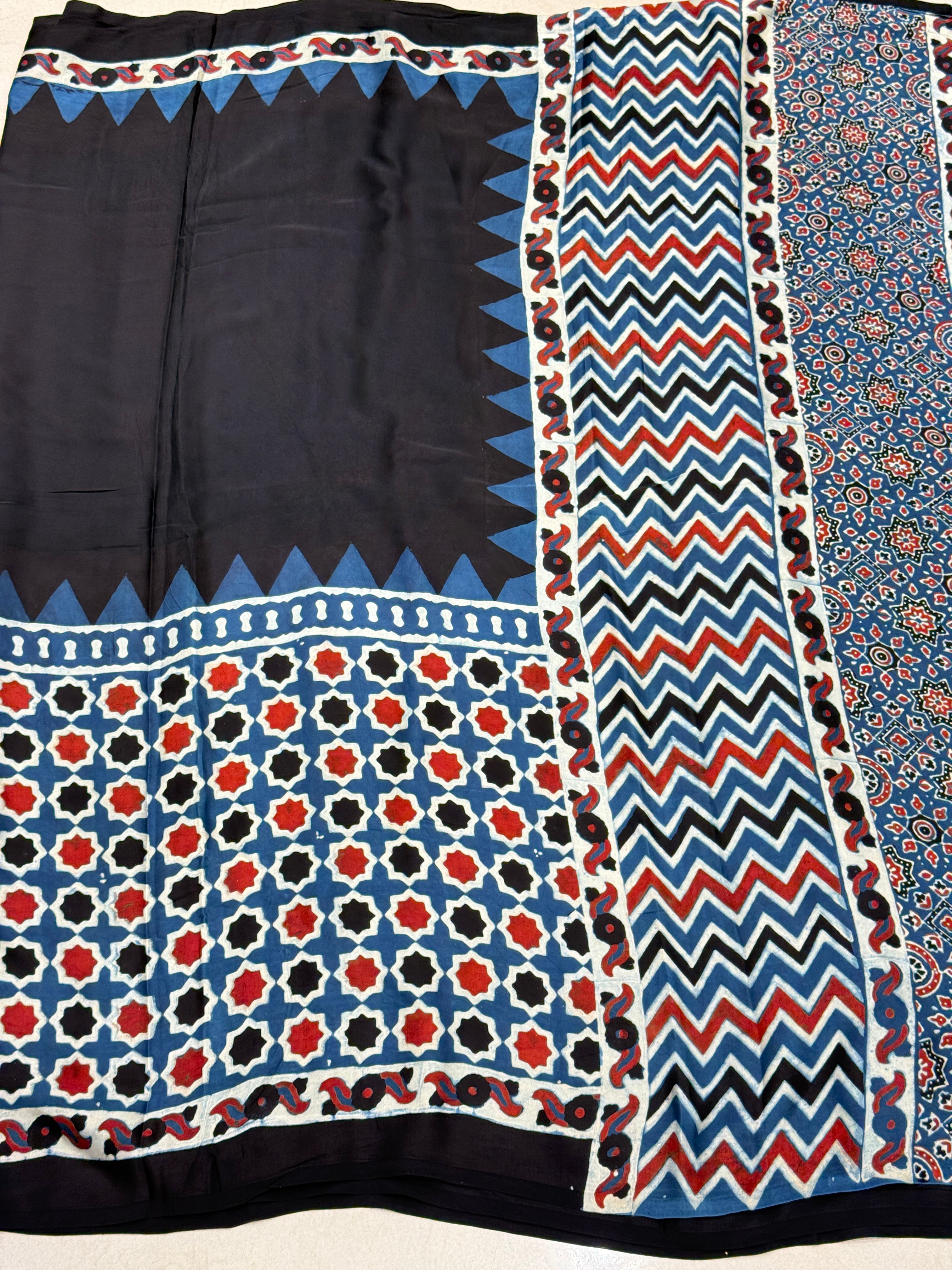 Black Multi Contemporary Ajrakh Block Print Hand Pure Gajji Silk Saree