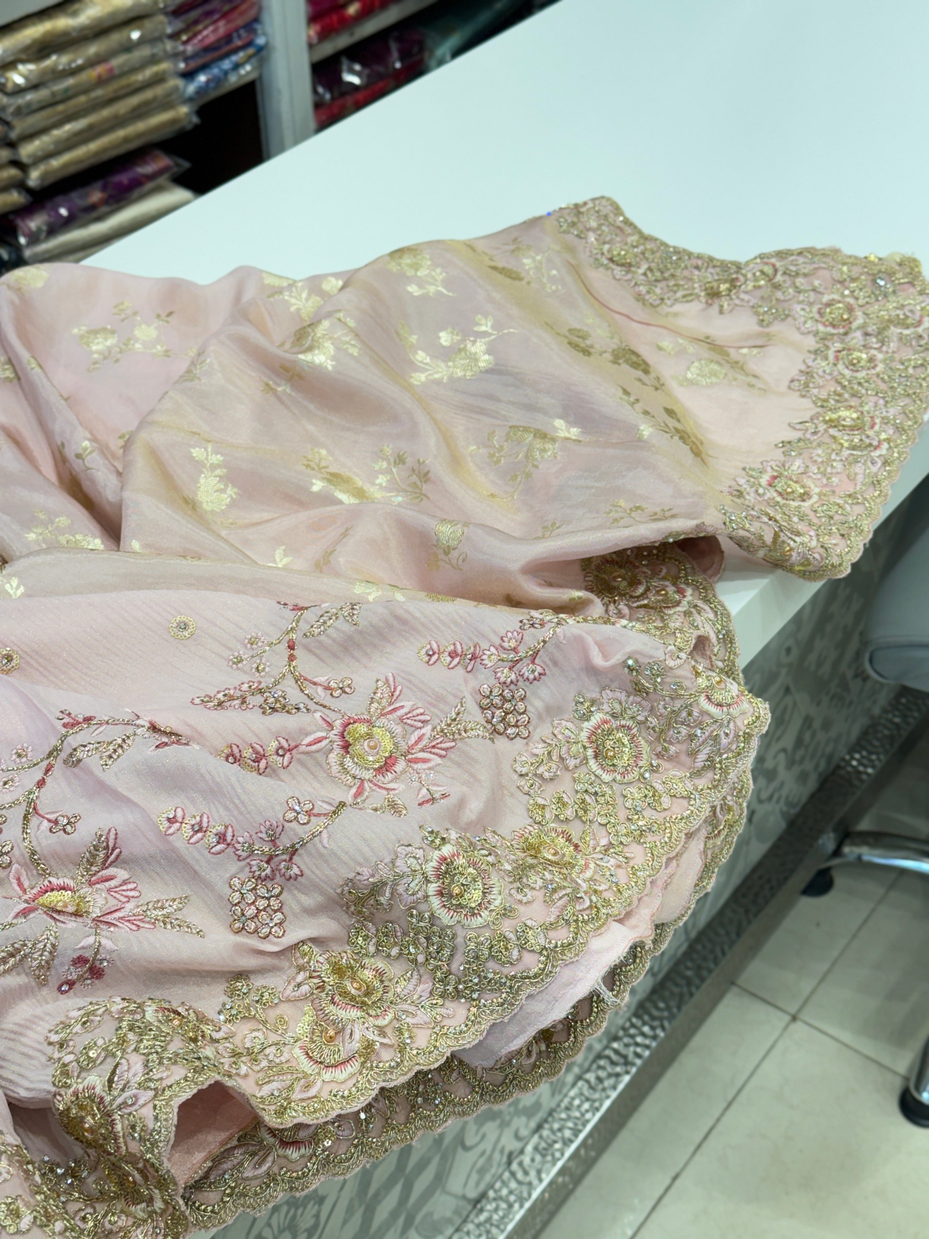 Pink Half Half Tissue Crepe Embroidery Saree