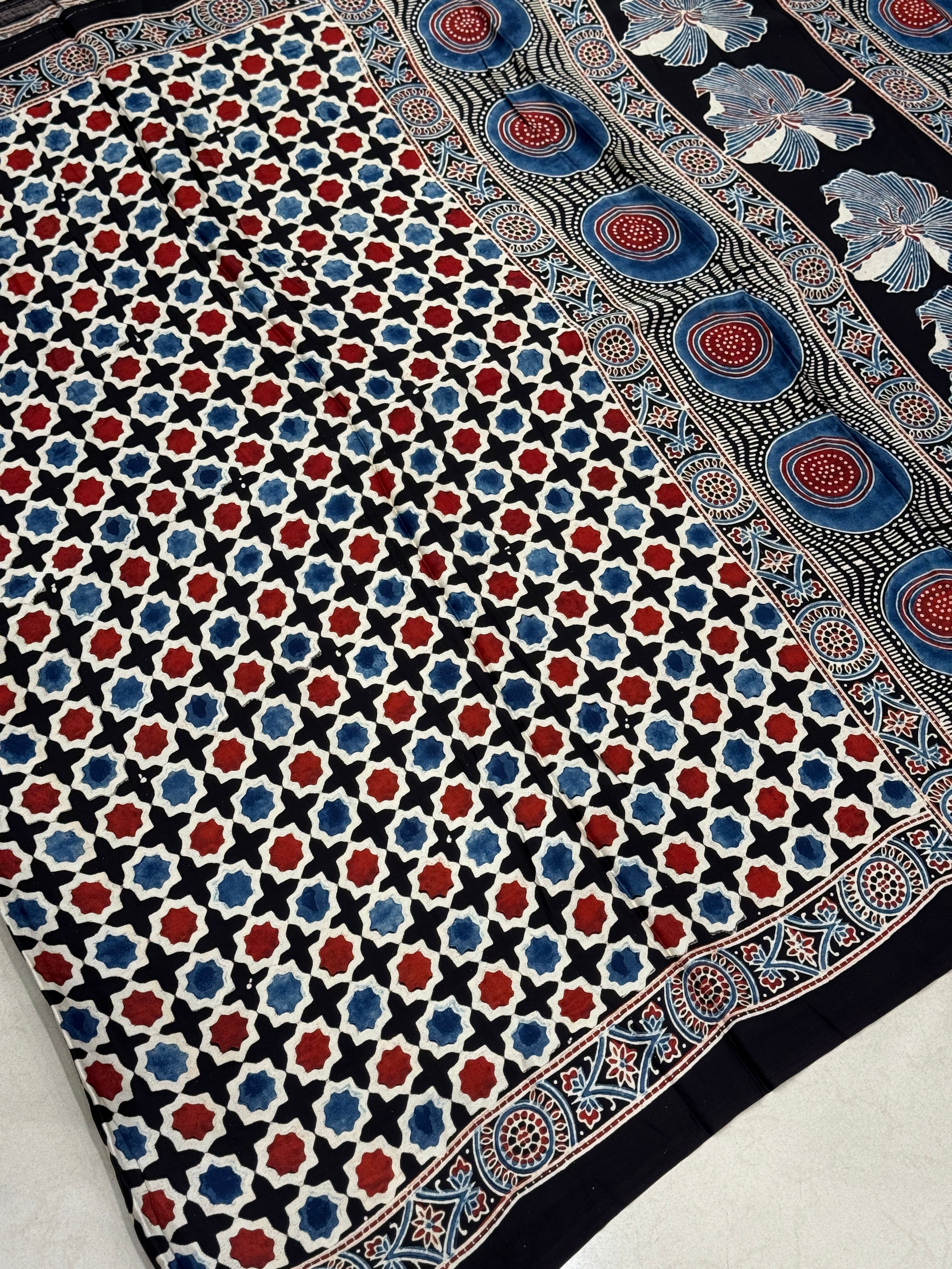 Star Cross Butti Modal Gajji Silk Ajrakh Saree