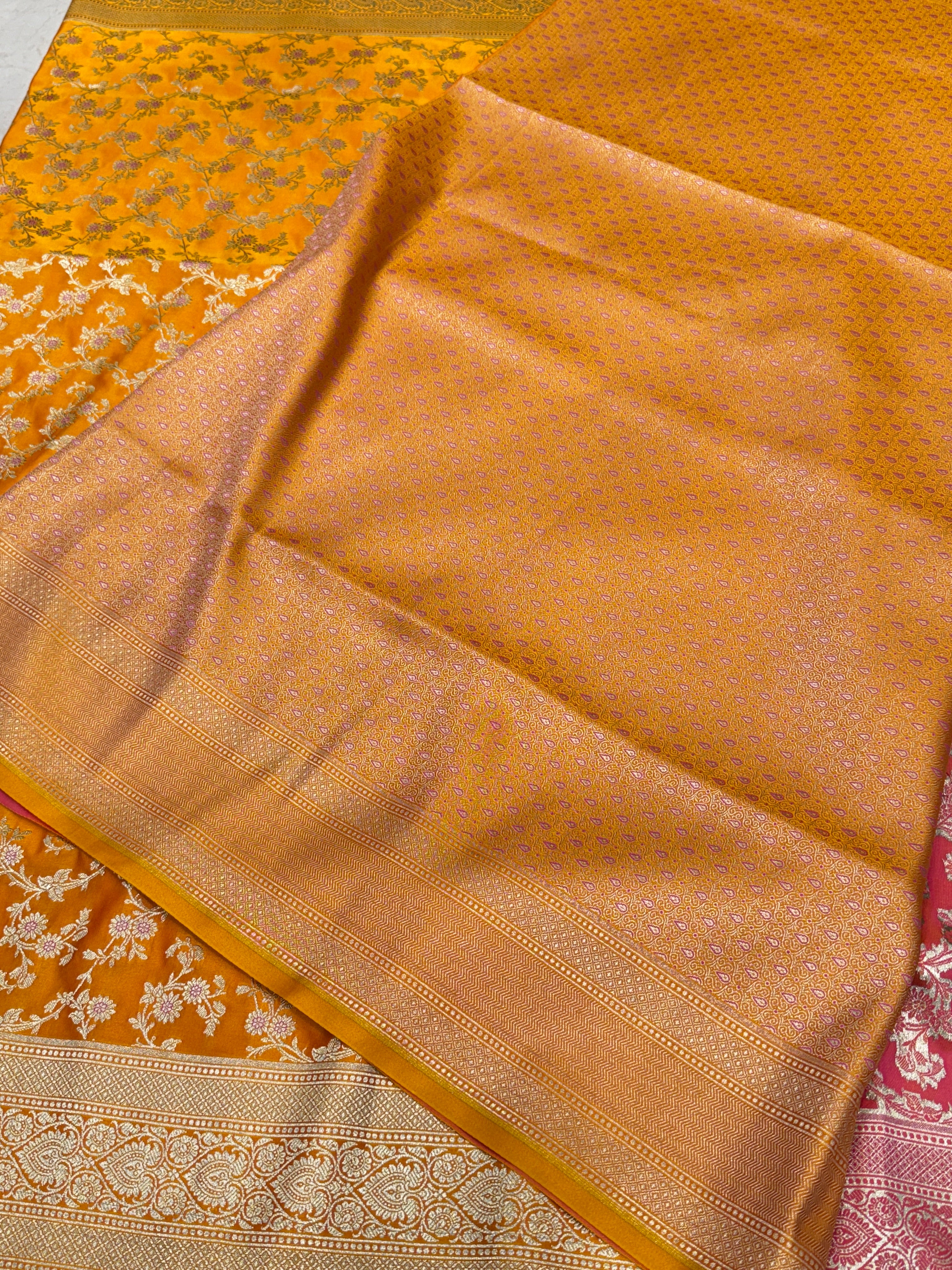 Mango Yellow Banarasi Silk Heart Border Saree