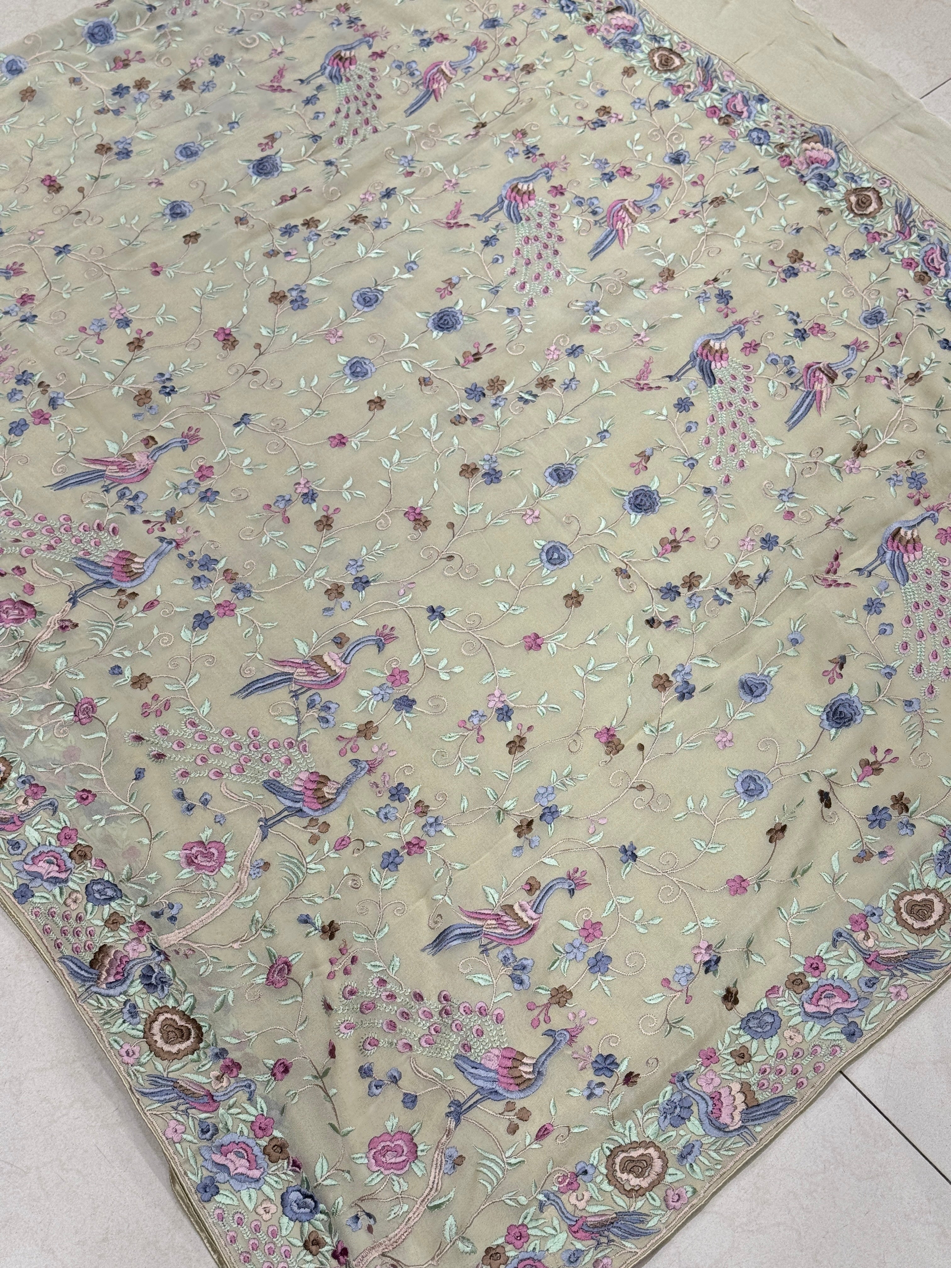 Beige Georgette Parsi Gara Peacock Design Saree