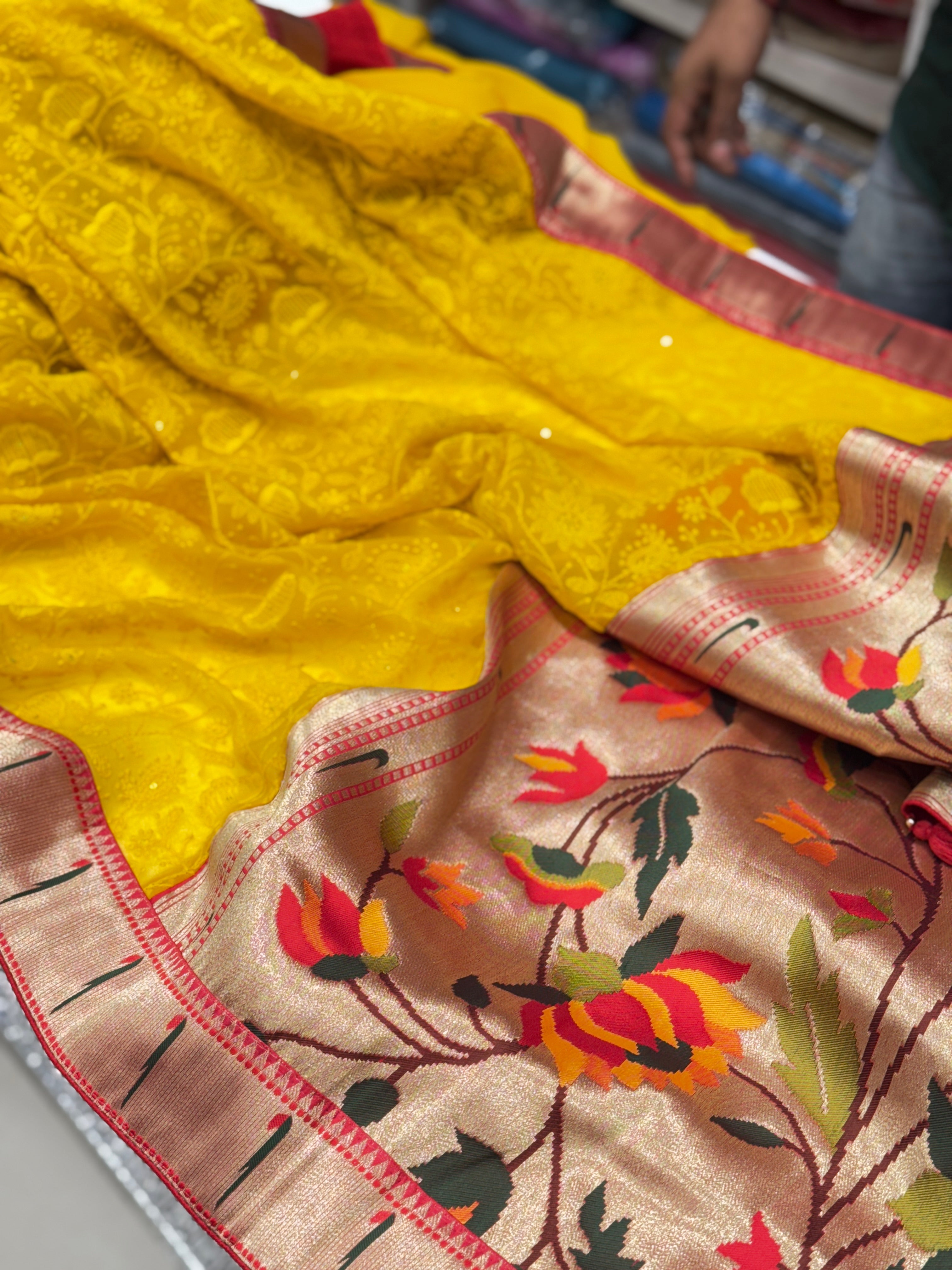 Yellow Chikankari Paithani Saree