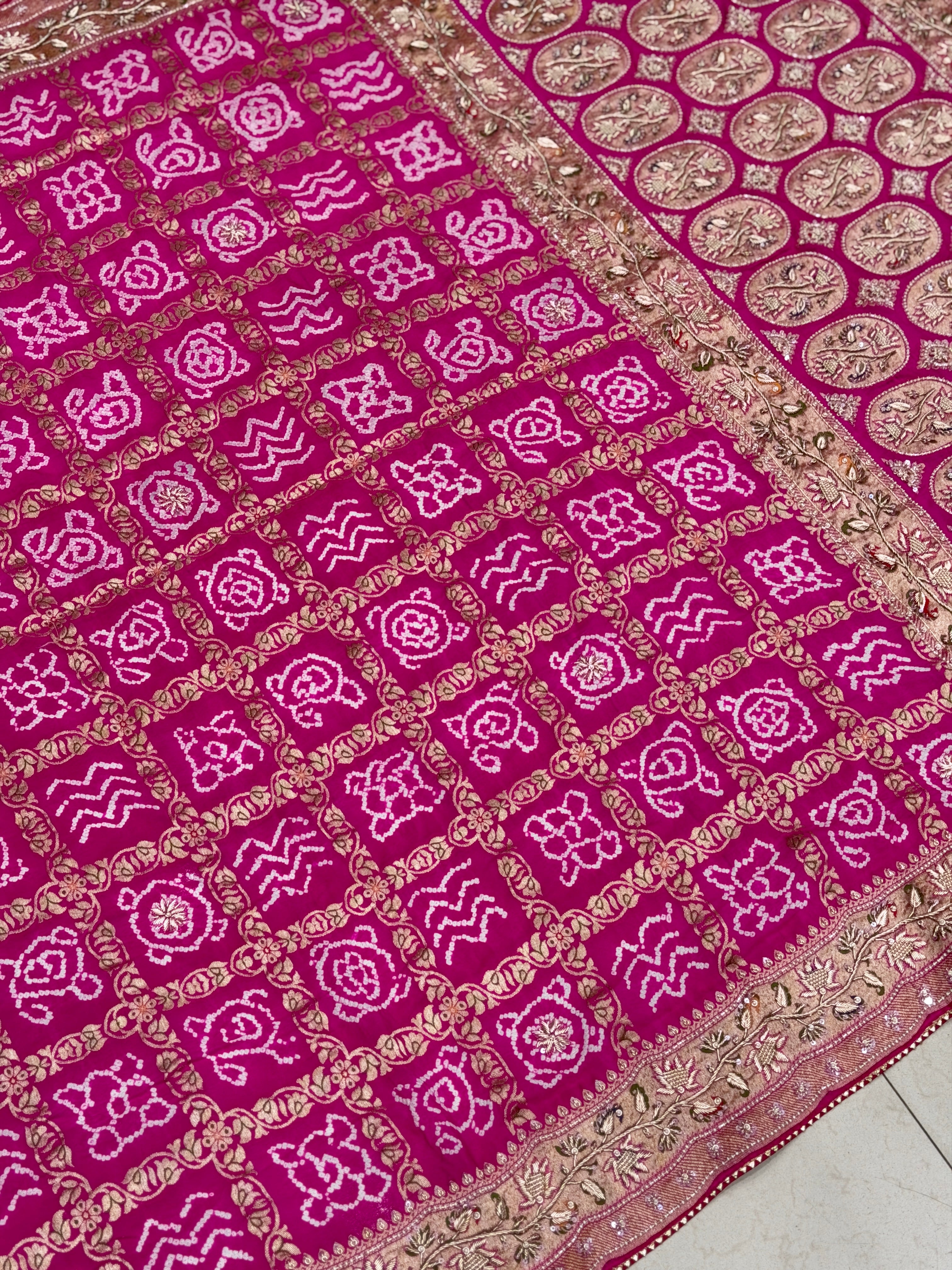 Rani Pink Gharchola Rai Bandhej Zardosi Hand Embroidery Saree