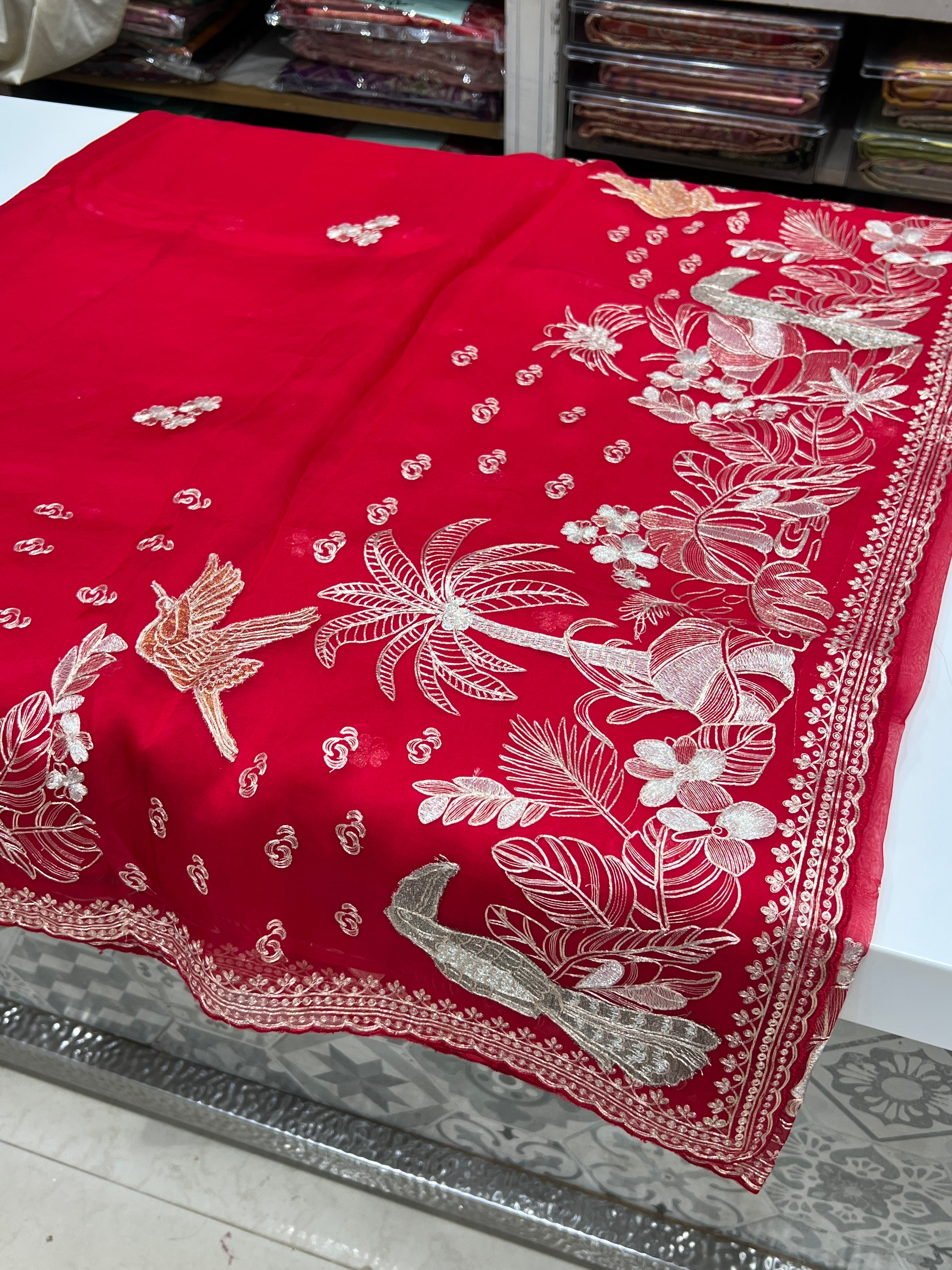 Red Pitta Hand Embroidery Organza Saree