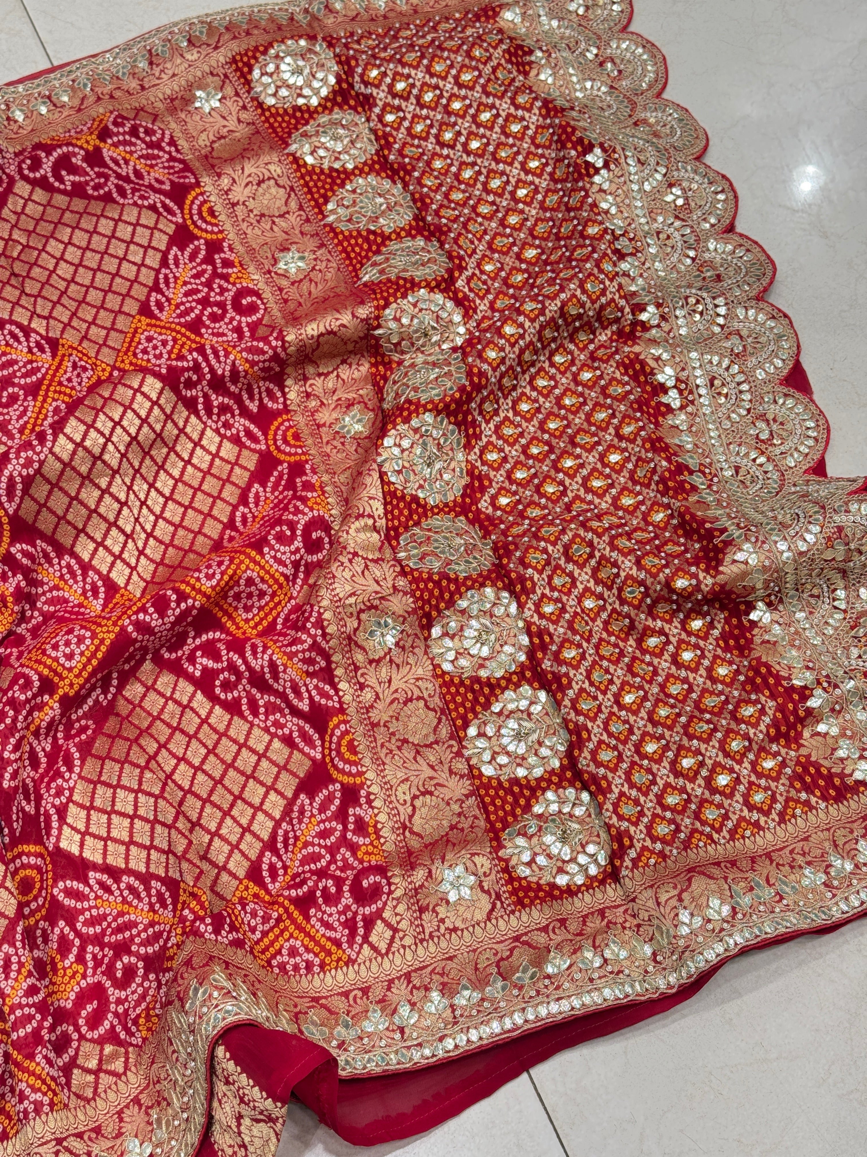 Red Woven Bandhej Gotapatti Saree