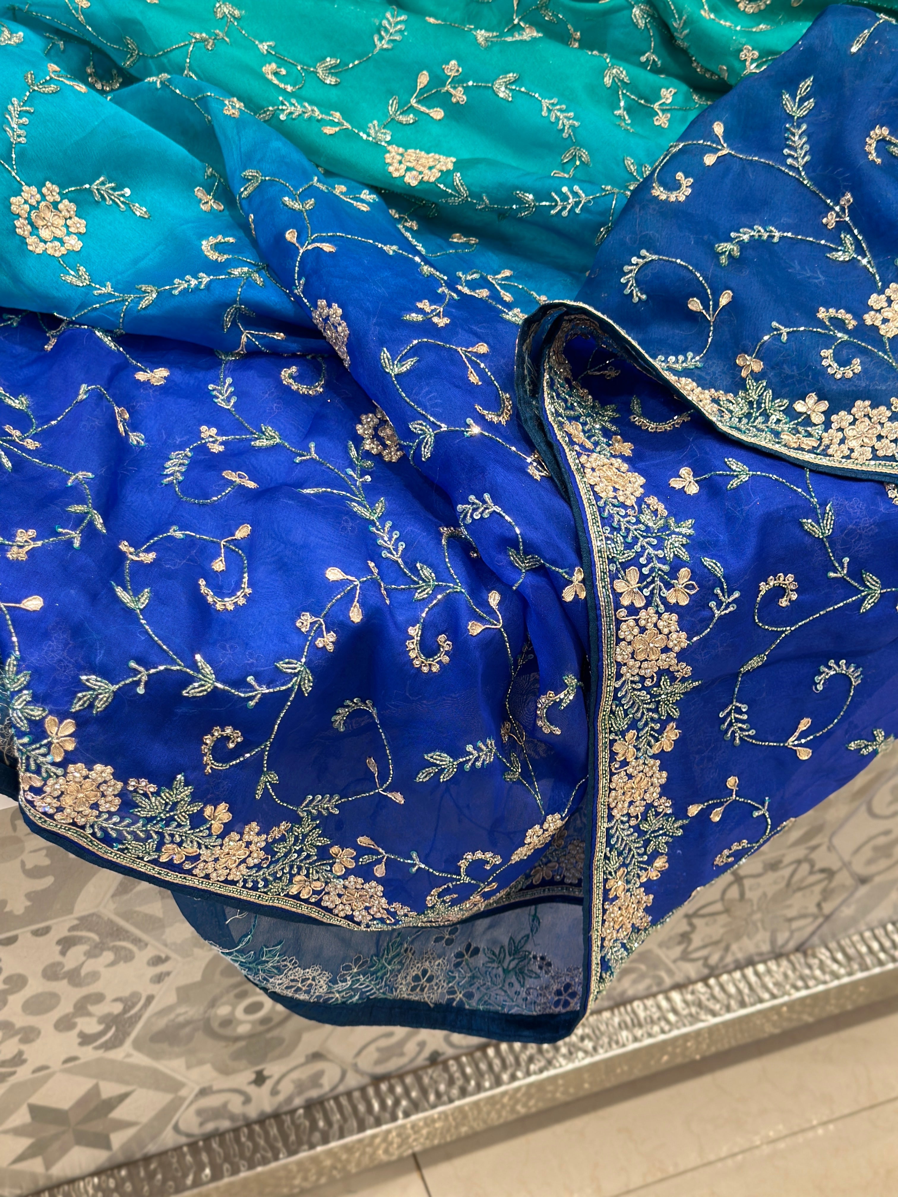 Blue Shaded Pure Organza Embroidery Saree