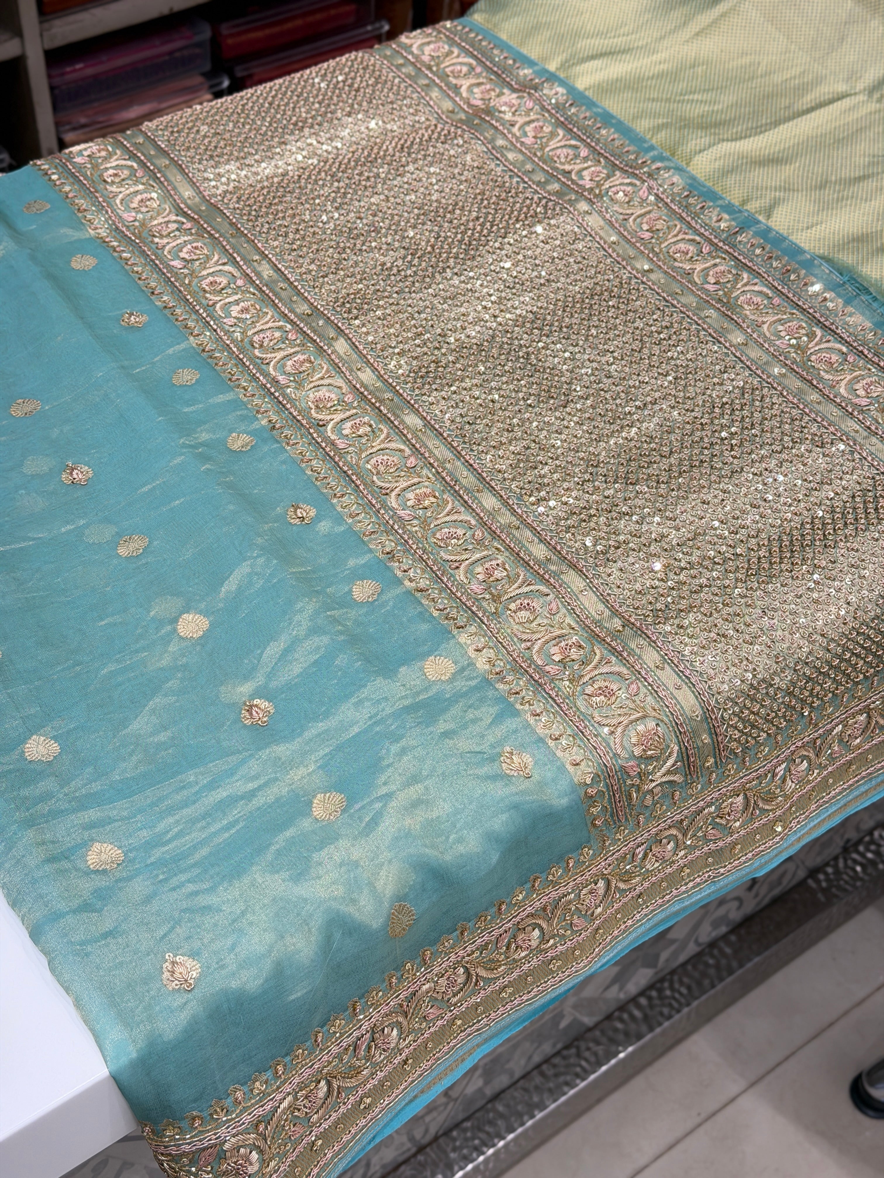 Sea Green Banarasi Tissue Handloom Kadwa Weave Zardosi Embroidery Saree