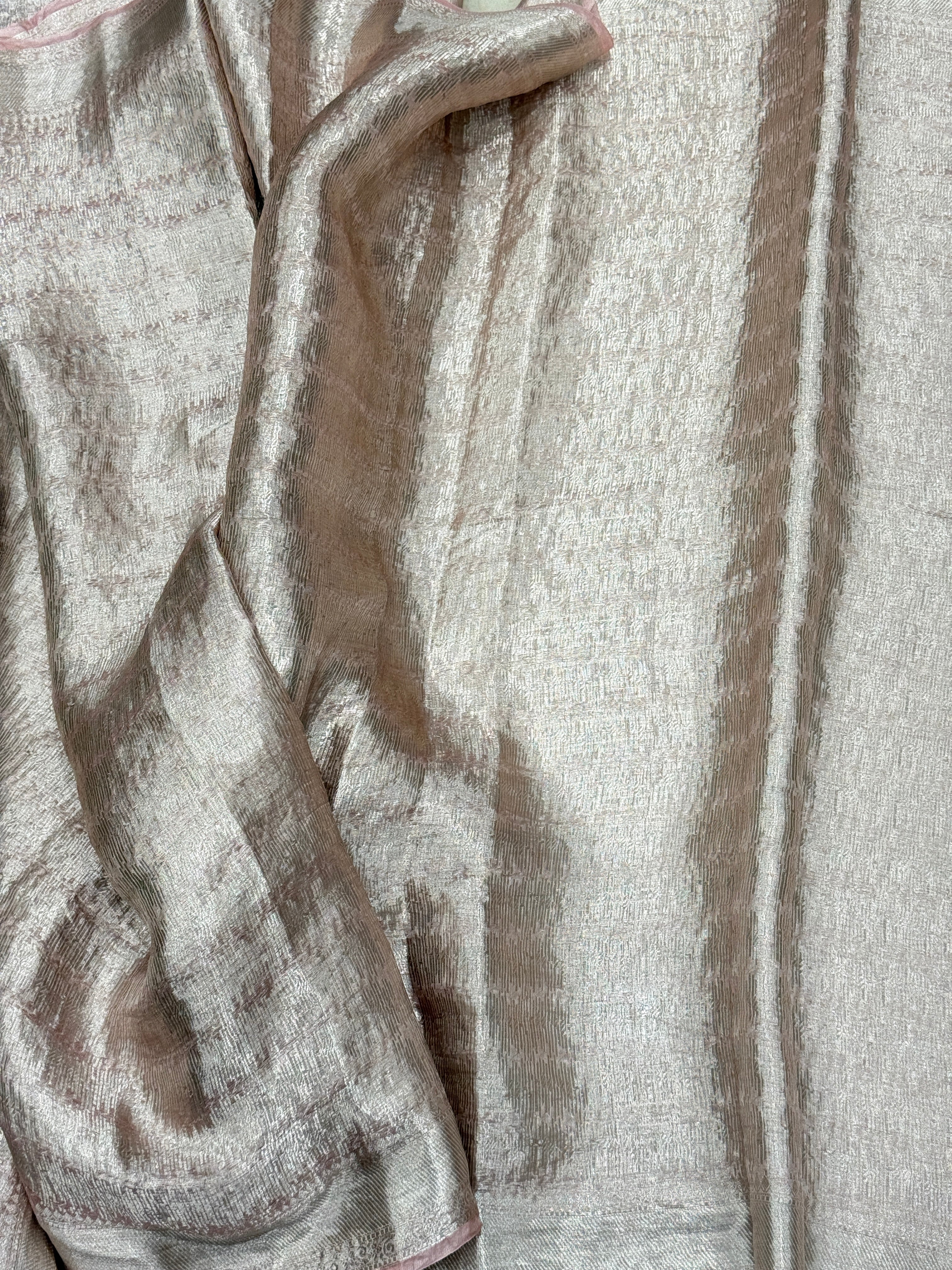Nude Pink Silver Handloom Tissue Peacock Contemporary Resham Embroidery Saree