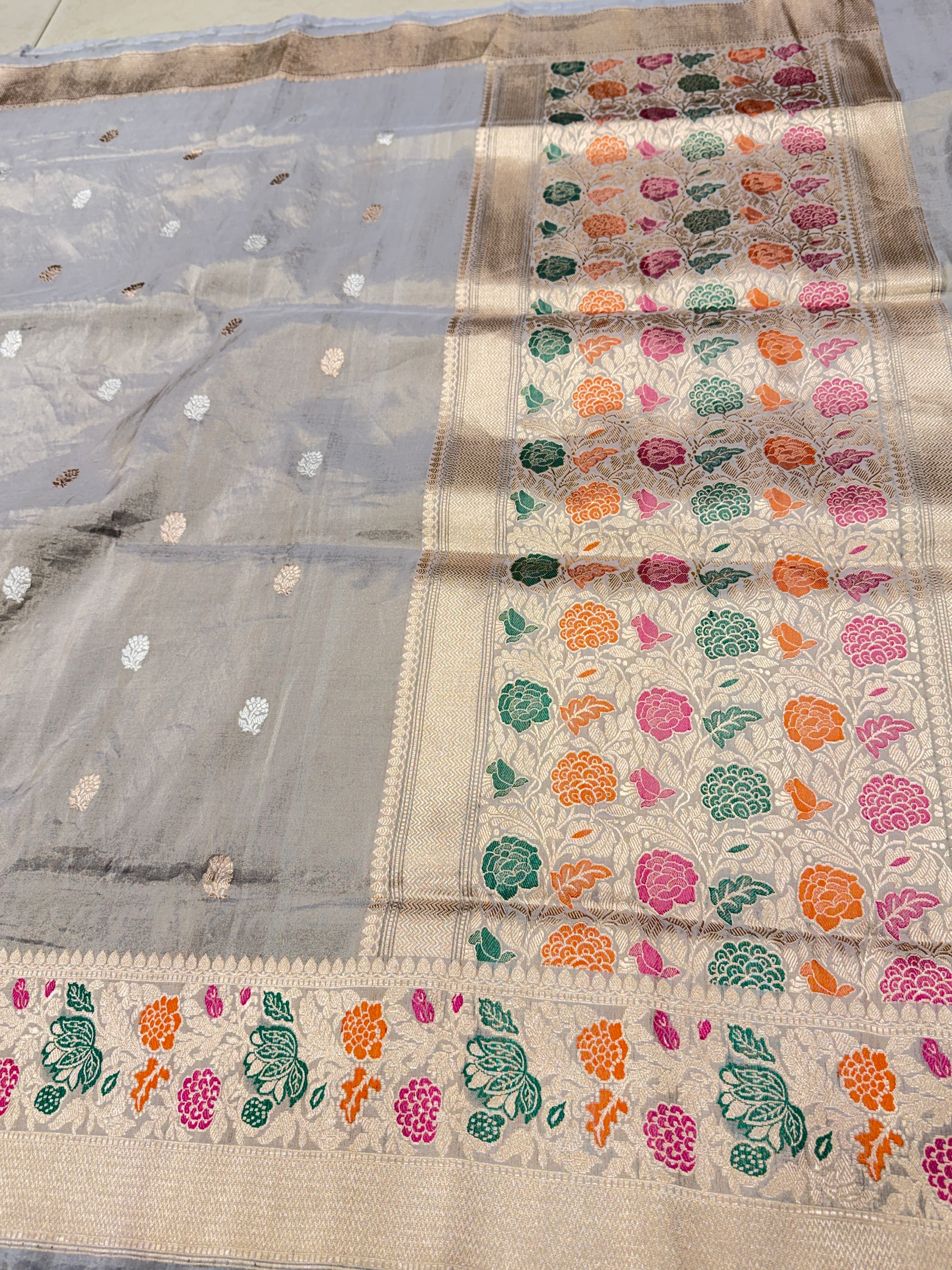 Space Grey Banarasi Katan Silk Tissue Handloom Kadwa Saree