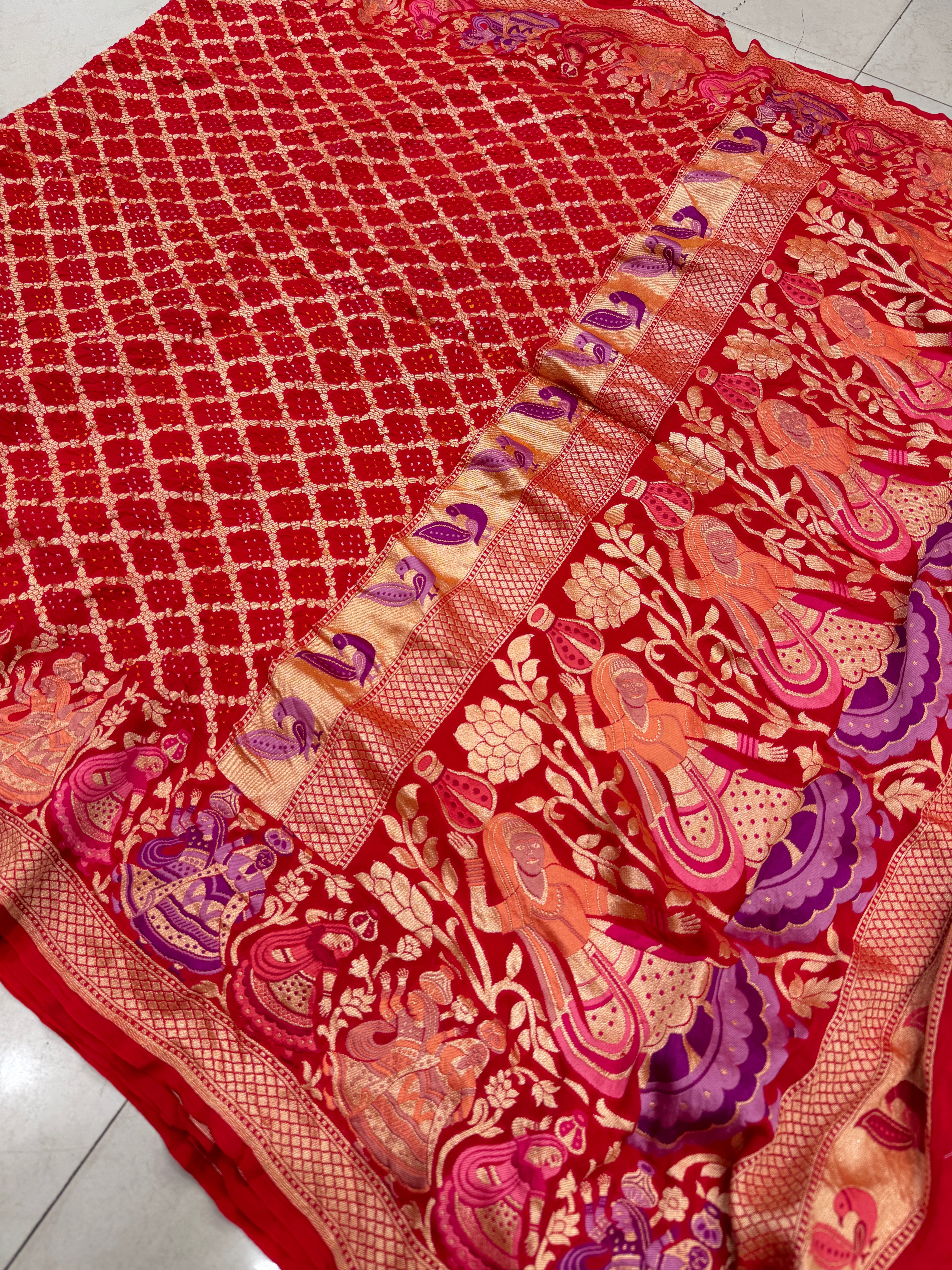 Red Rai Bandhej Meenakari Handloom Saree