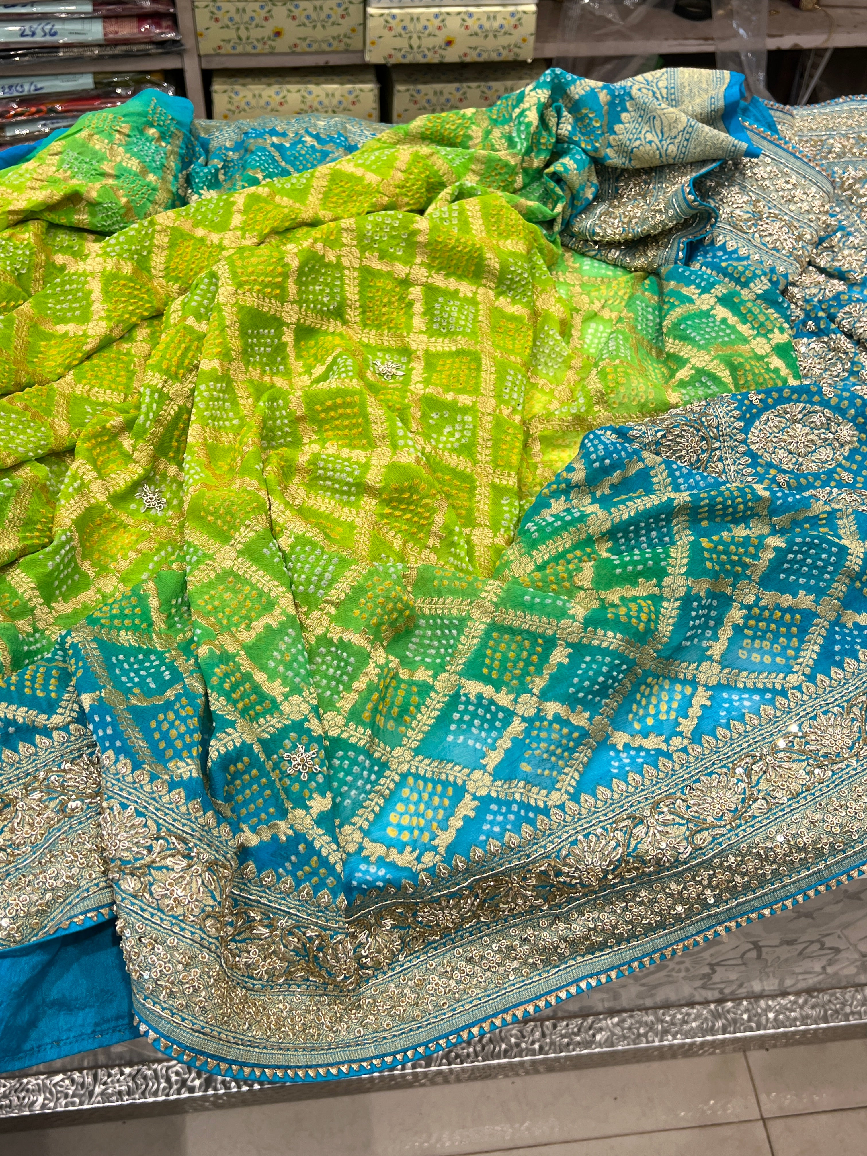 Shaded Blue Green Bandhej Zardozi Hand Embroidery Saree