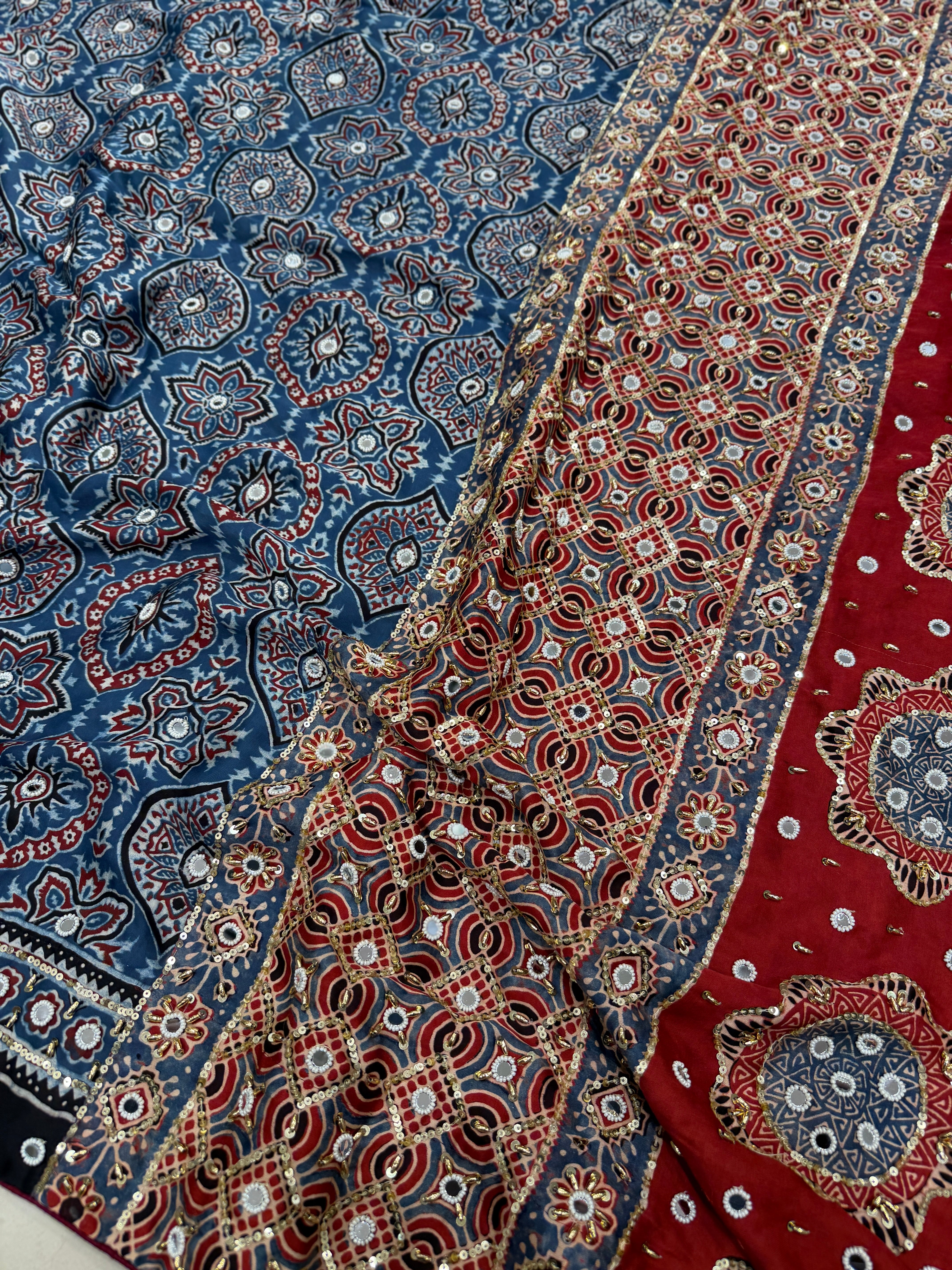 Blue Red Badam Buttis Ajrakh Real Mirror Moti Sequin Hand Embroidery Saree