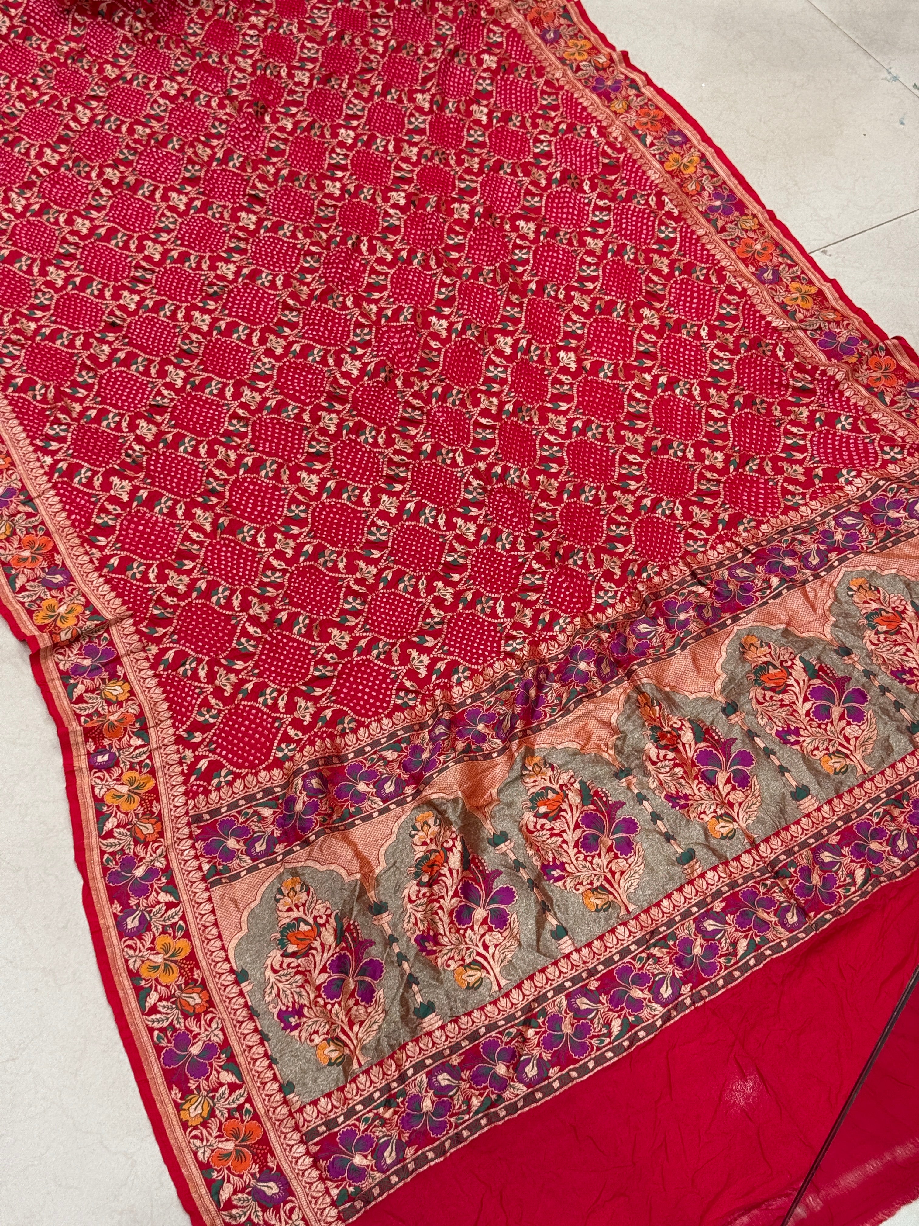Red Meenakari Rai Bandhej Floral Border Saree