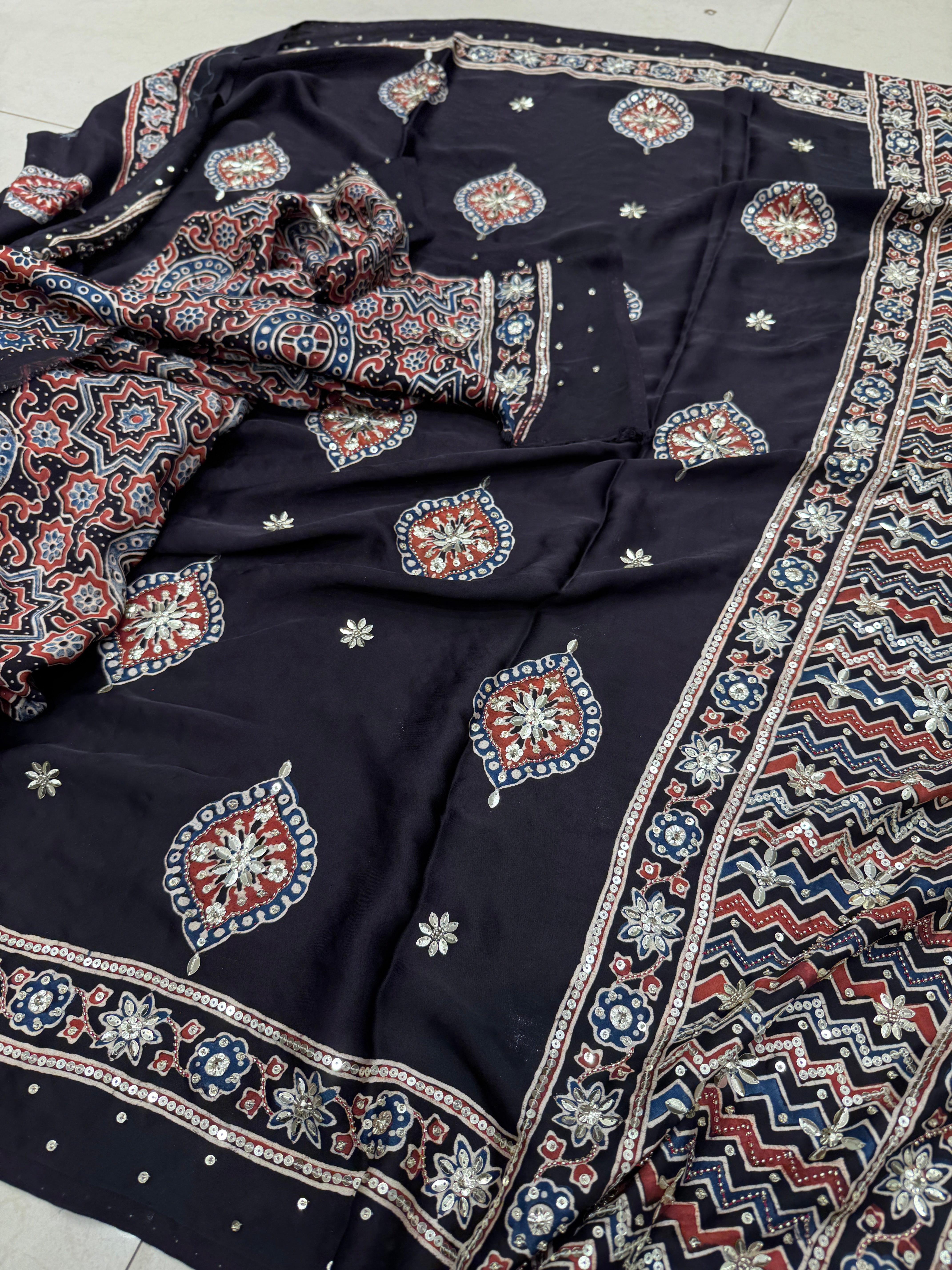 Black Ajrakh Badam Butta Moti Sequin Ajrakh Hand Embroidery Saree