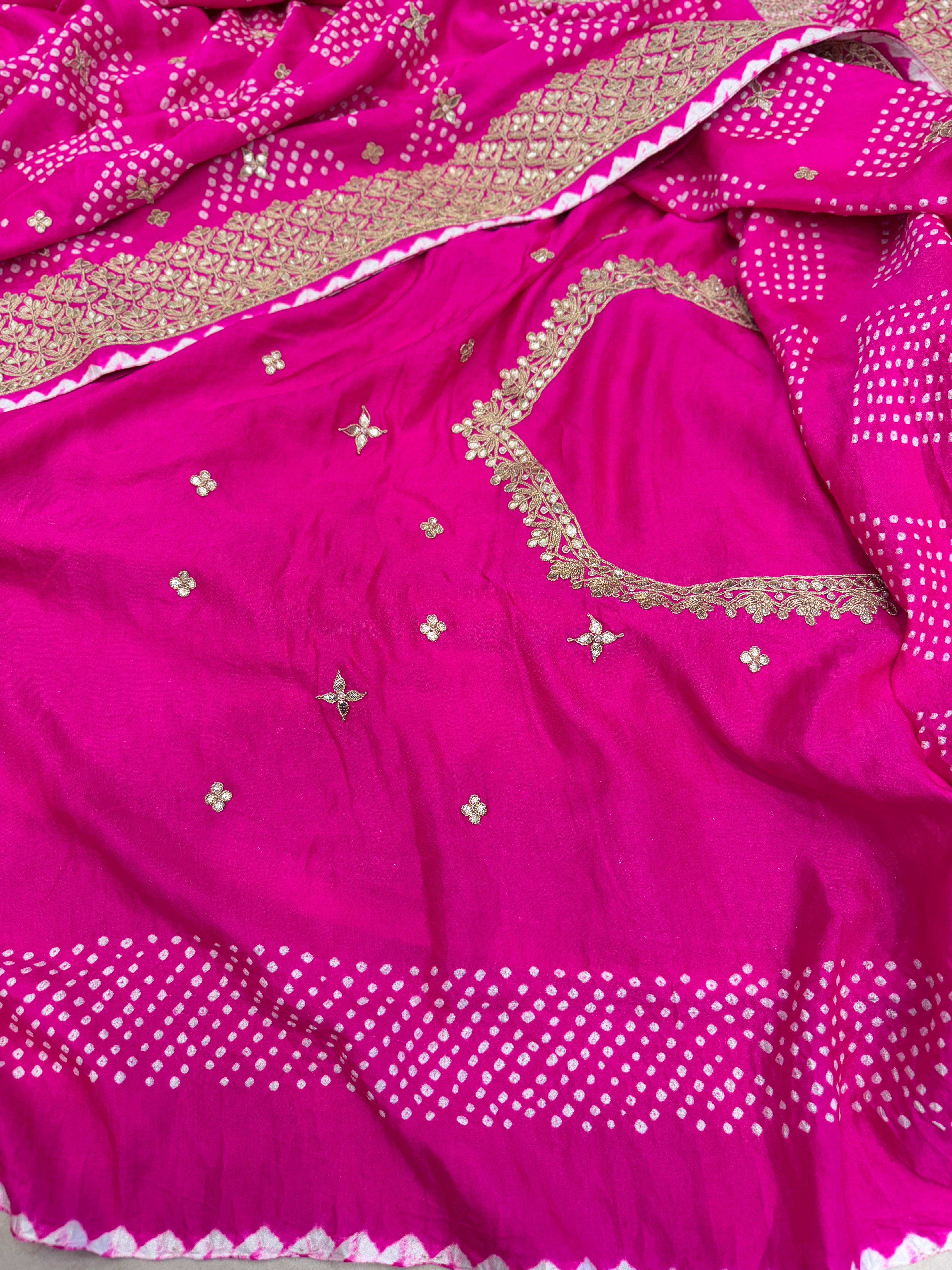 Rani Pink Gajji Silk Rai Bandhej Marodi Hand Embroidery Dabka Saree