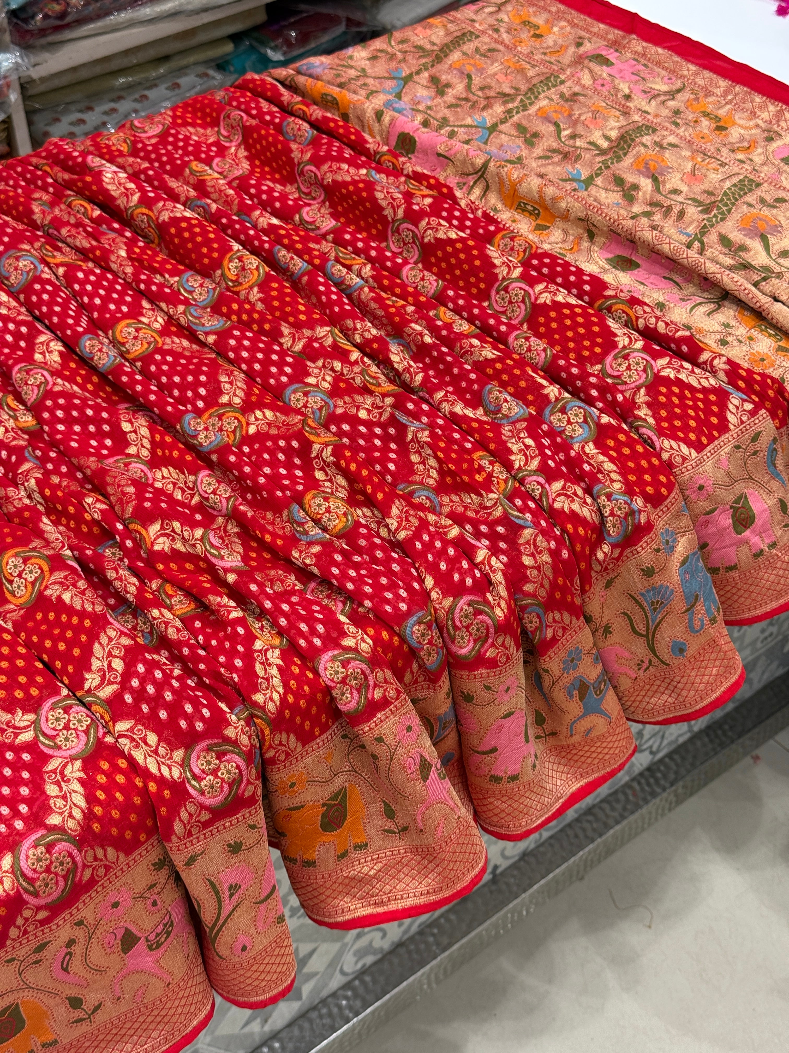 Red Meenkari Asvah Hastin Border Woven Bandhej Saree