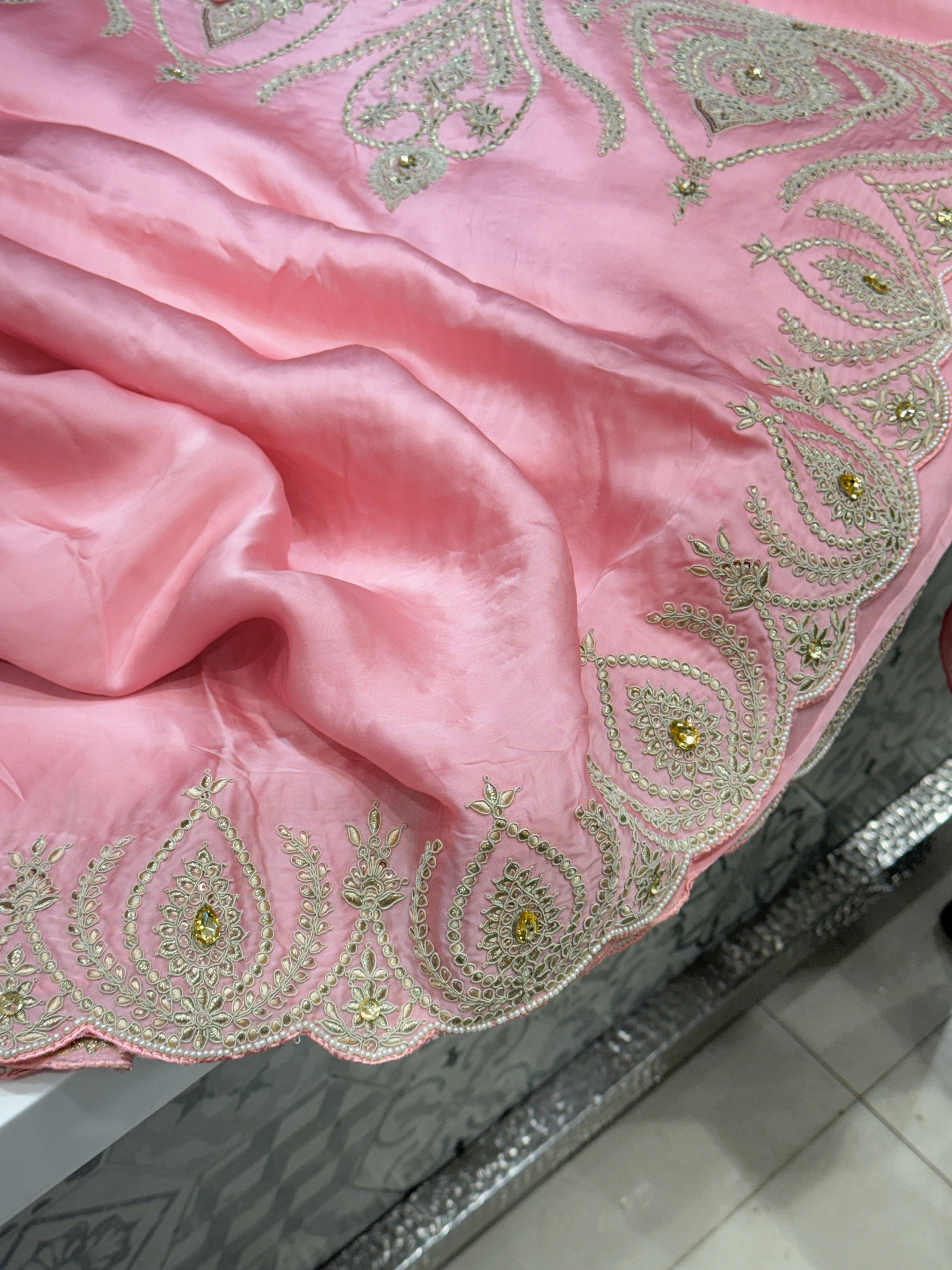 Pink Satin Organza Zari & Thread Embroidery Saree