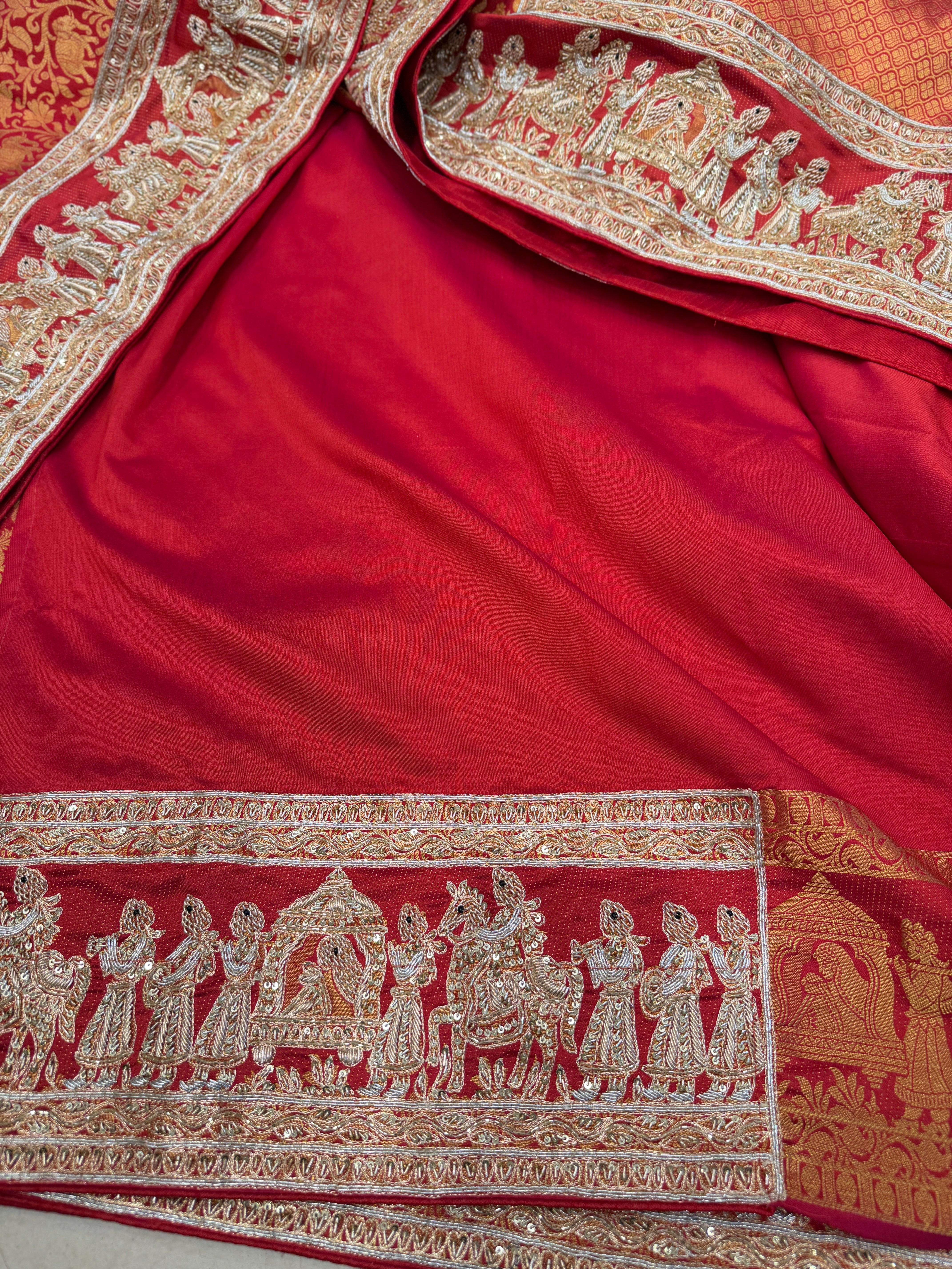 Red Silk Kanjivaram Zardozi Doli Hand Embroidery Saree