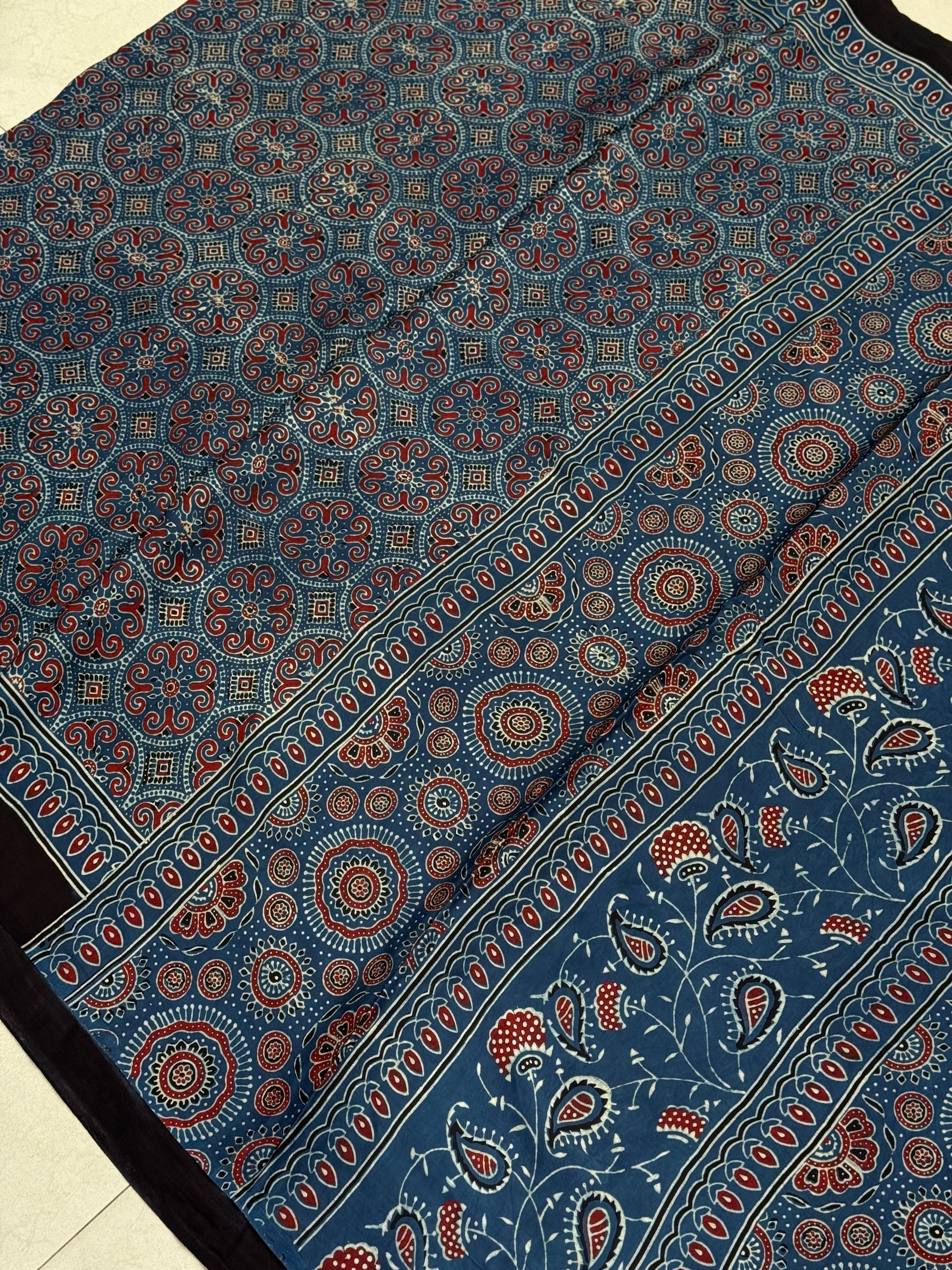 Blue Circle Badam Jaal Ajrakh Block Print Hand Pure Gajji Silk Saree
