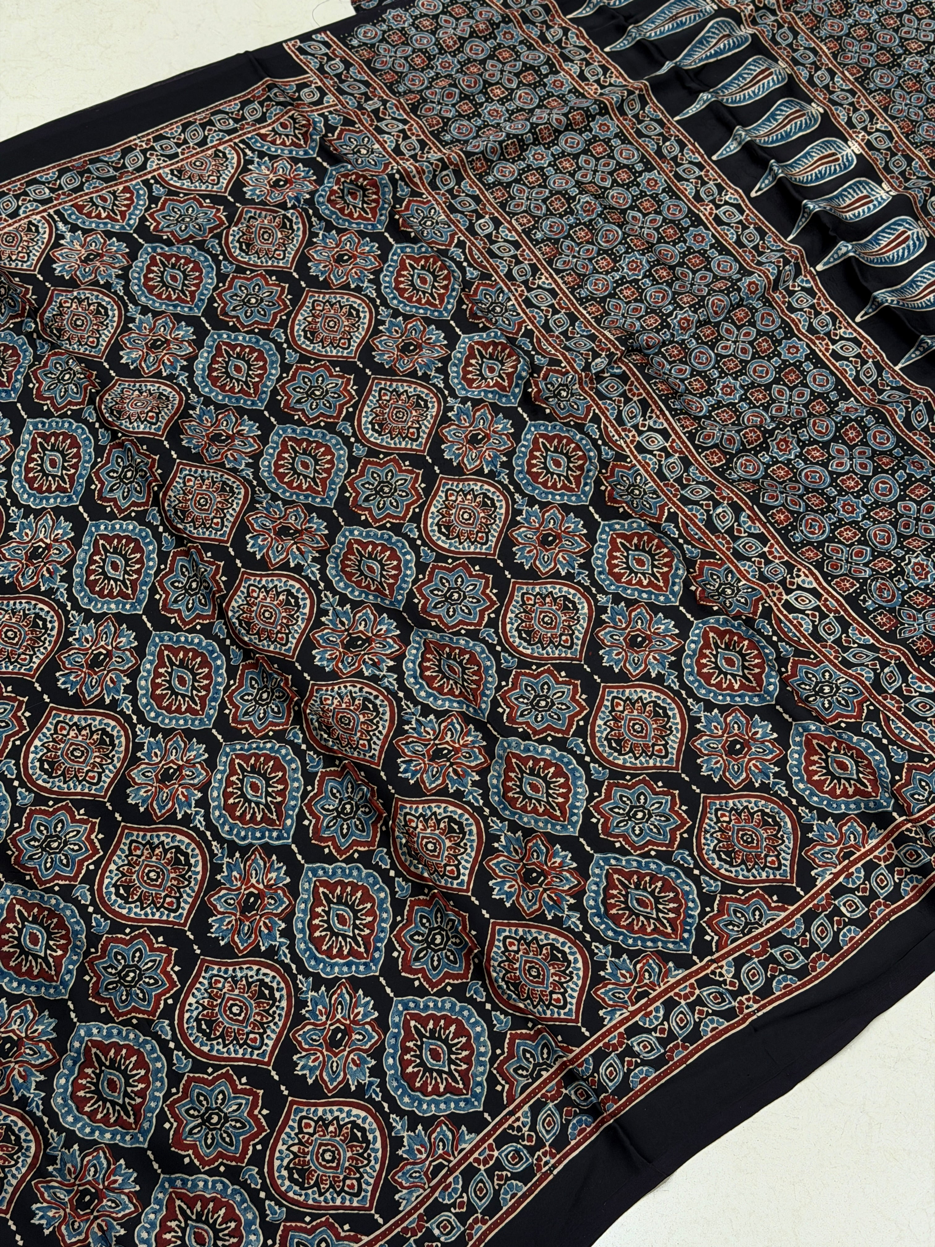 Black Badam Butti Ajrakh Hand Block Print Pure Modal Silk Saree