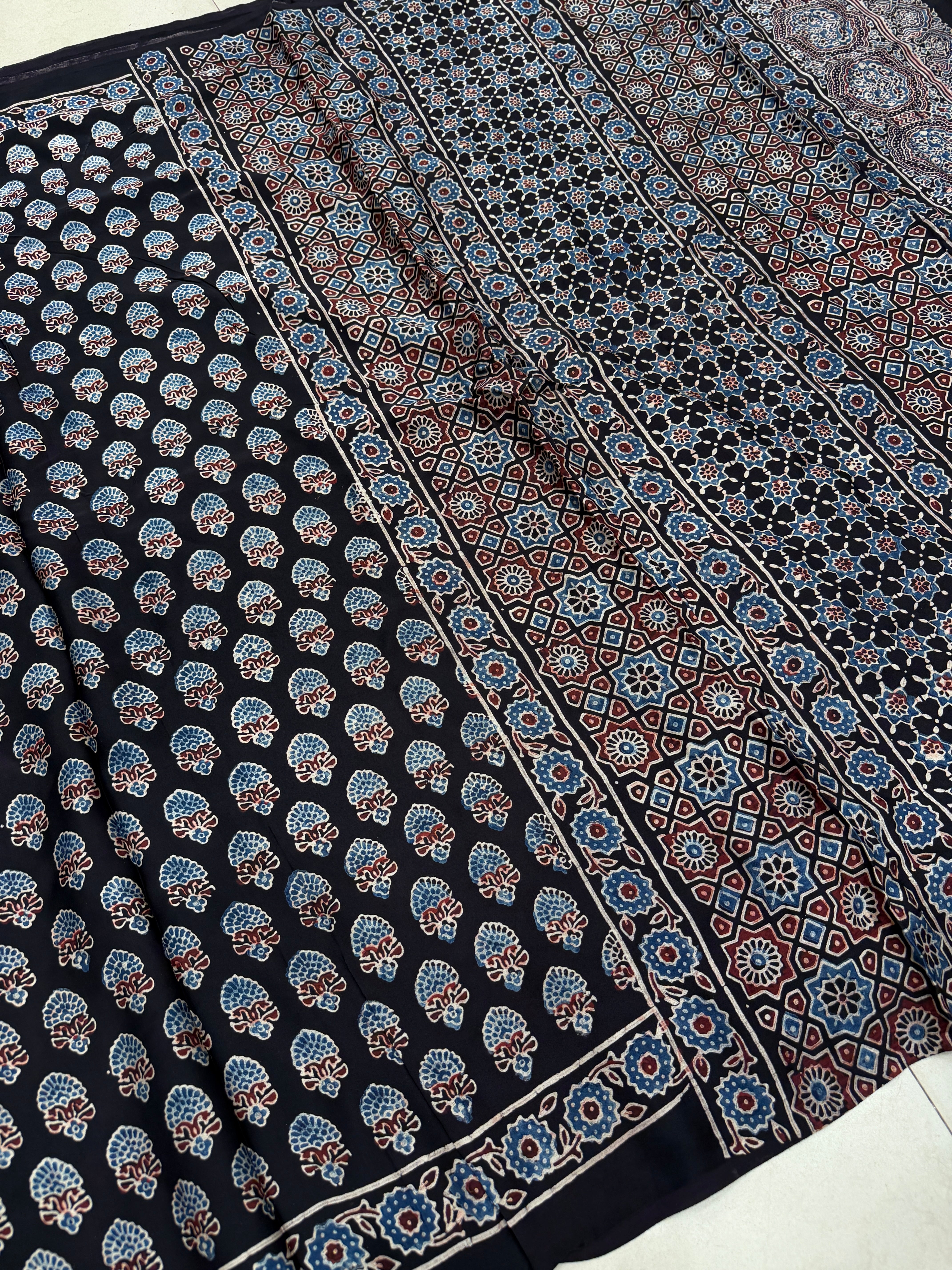 Black Keri Buttis Ajrakh Hand Block Print Pure Gajji Silk Saree