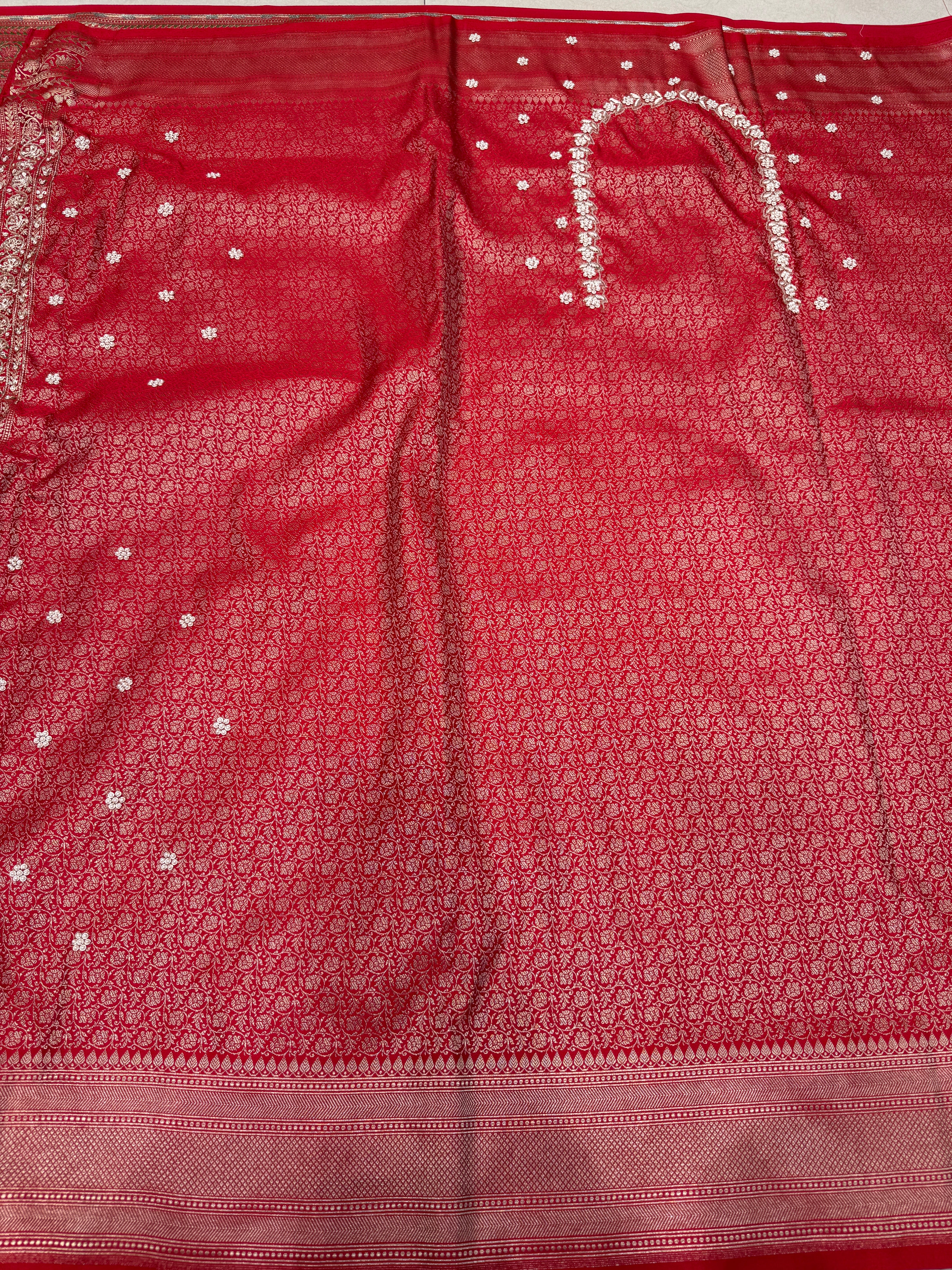 Red Sona Roopa Buttis Zardosi Hand Embroidery Banarasi Saree