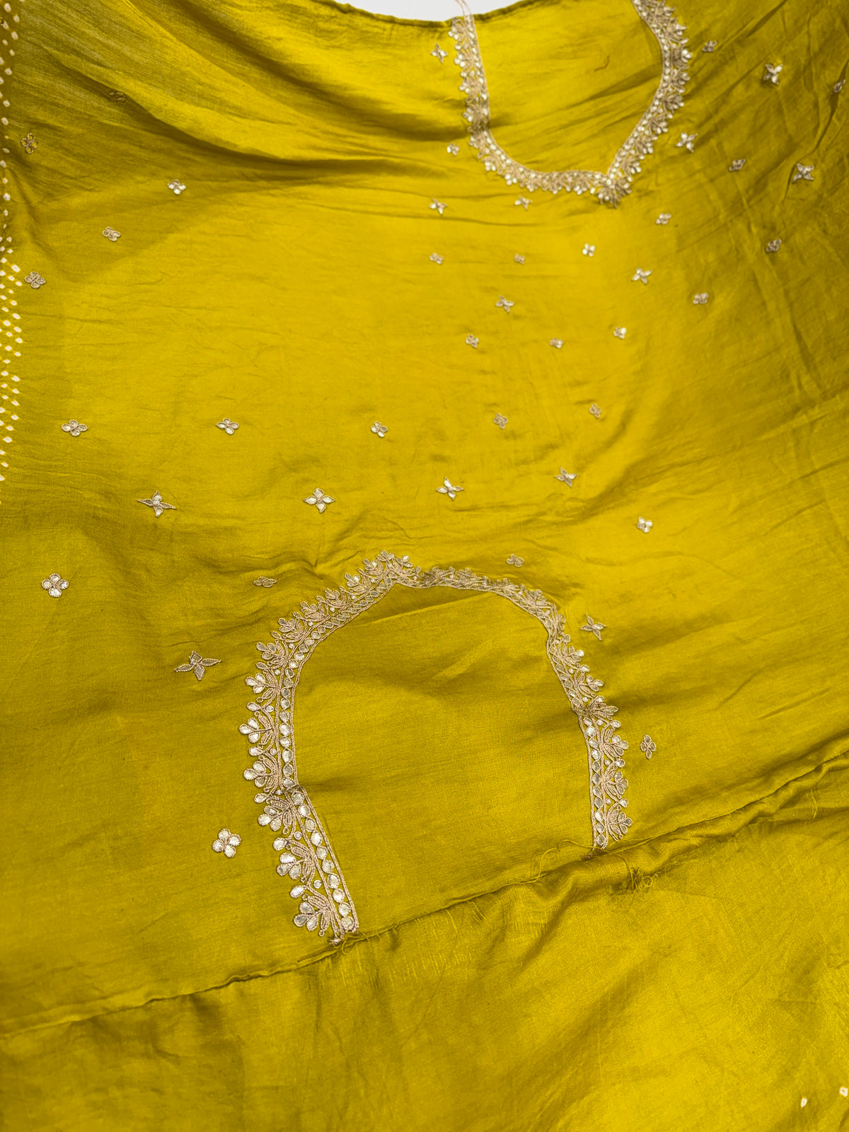 Lime Green Faabiiana Inspired Gajji Silk Rai Bandhej Gotapatti Marodi Hand Embroidery Saree