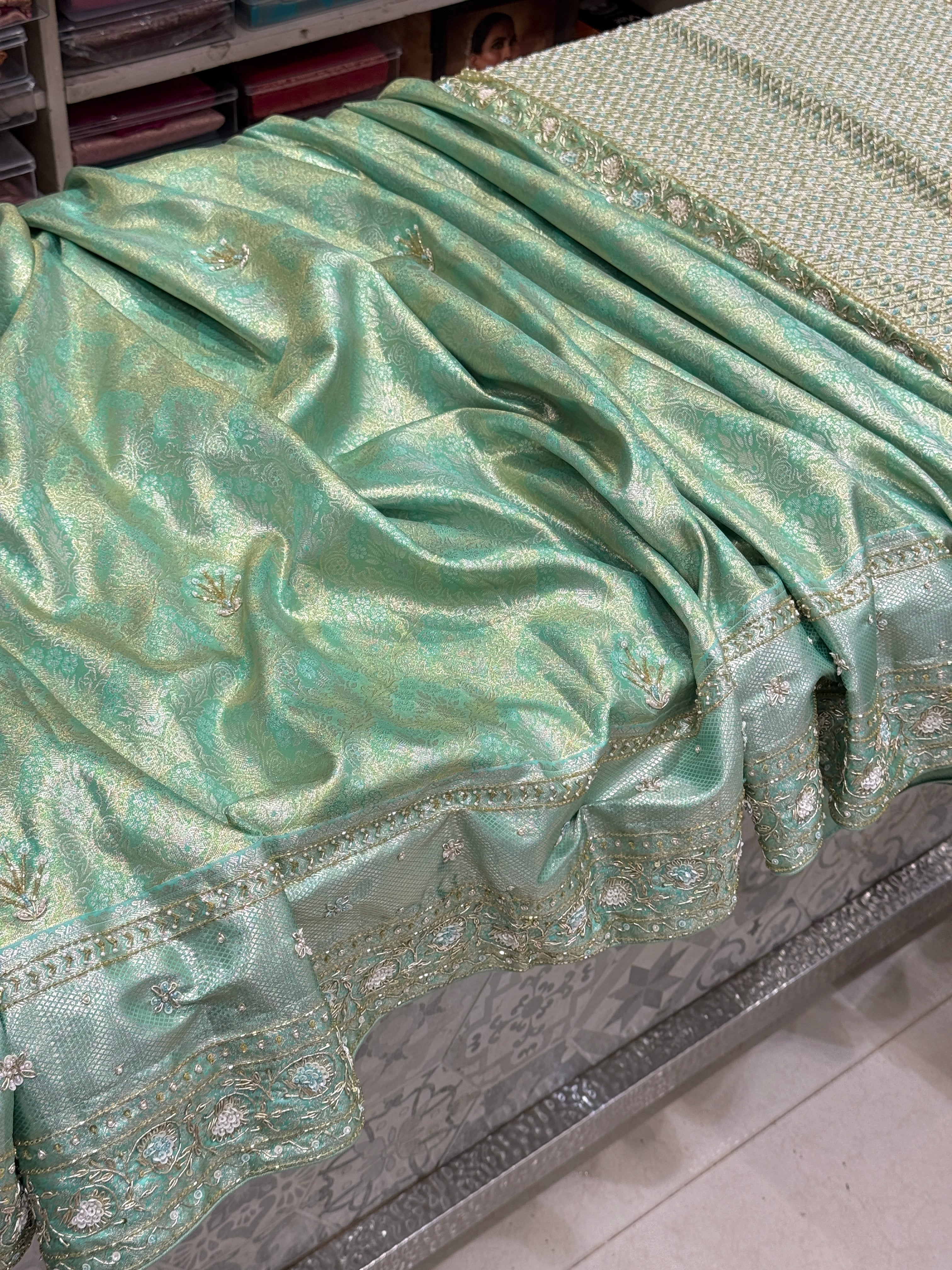 Pista Green Tissue Kanjivaram Hand Embroidery Saree