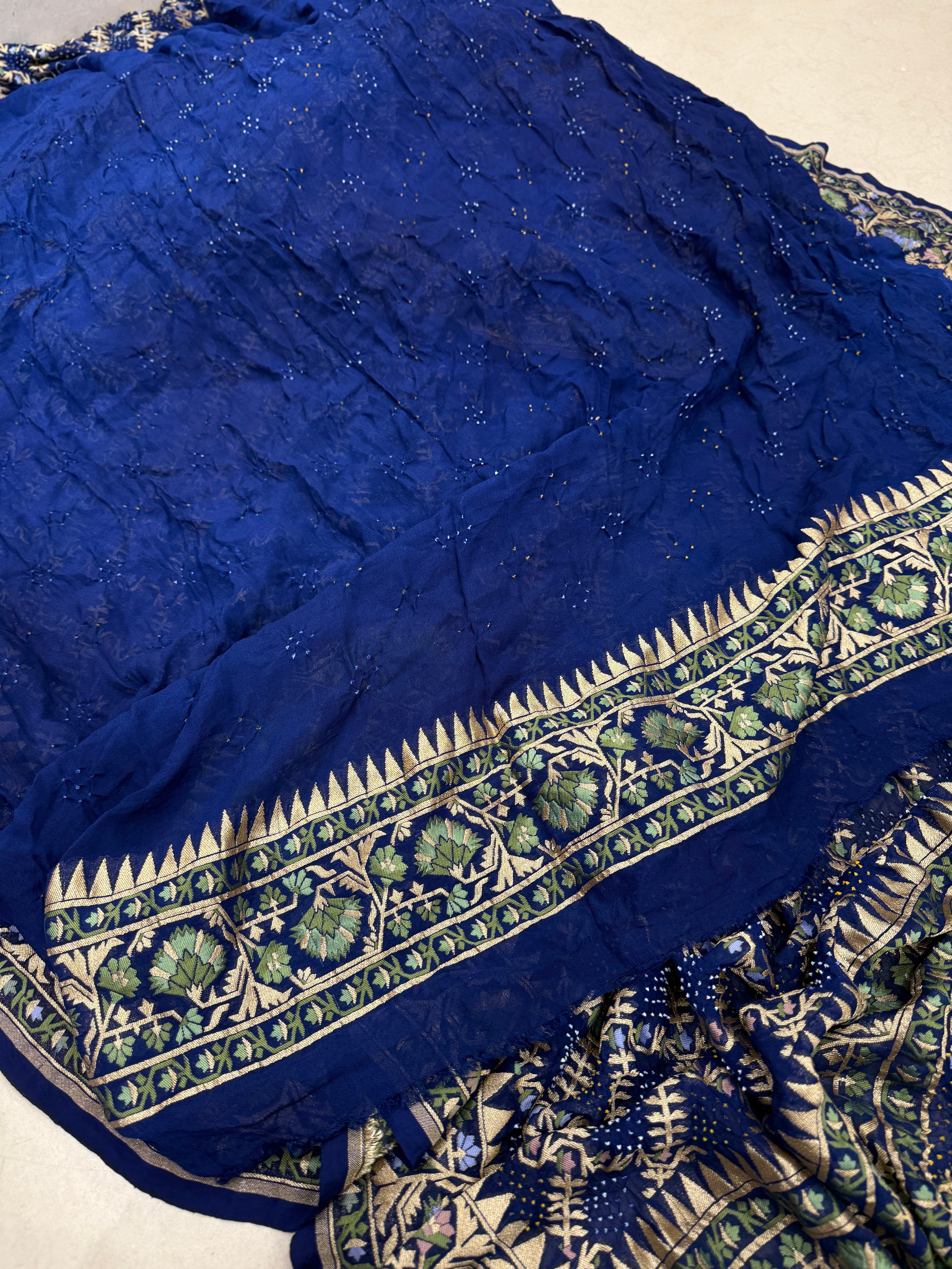 Blue Meenakari Rai Bandhej Floral Border Saree