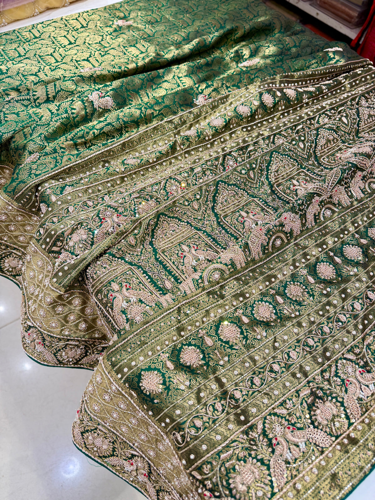 Bottle Green Kanjivaram Peacock Motif Hand Embroidery Zardosi Saree