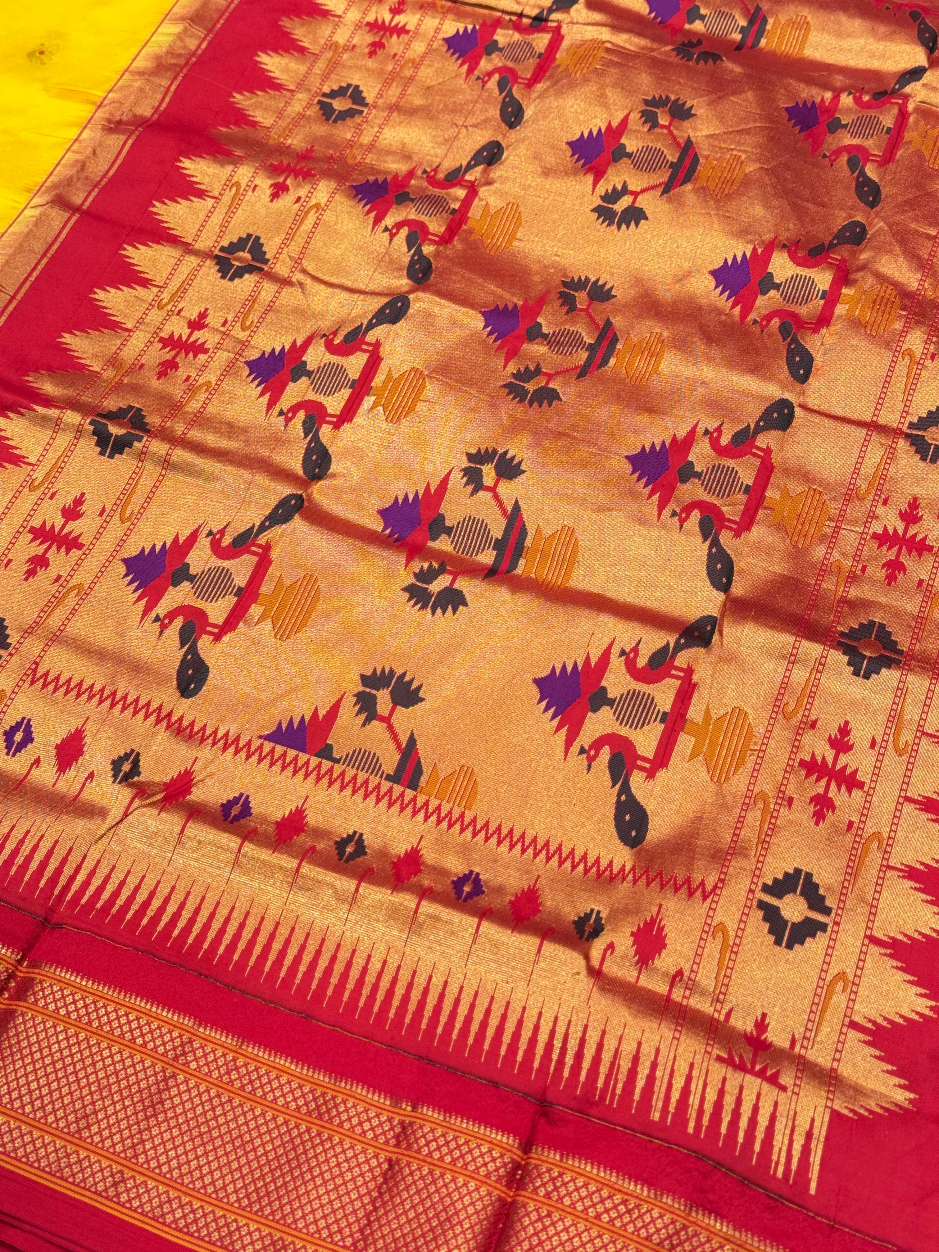 Yellow Red Morbangdi Paithani Saree