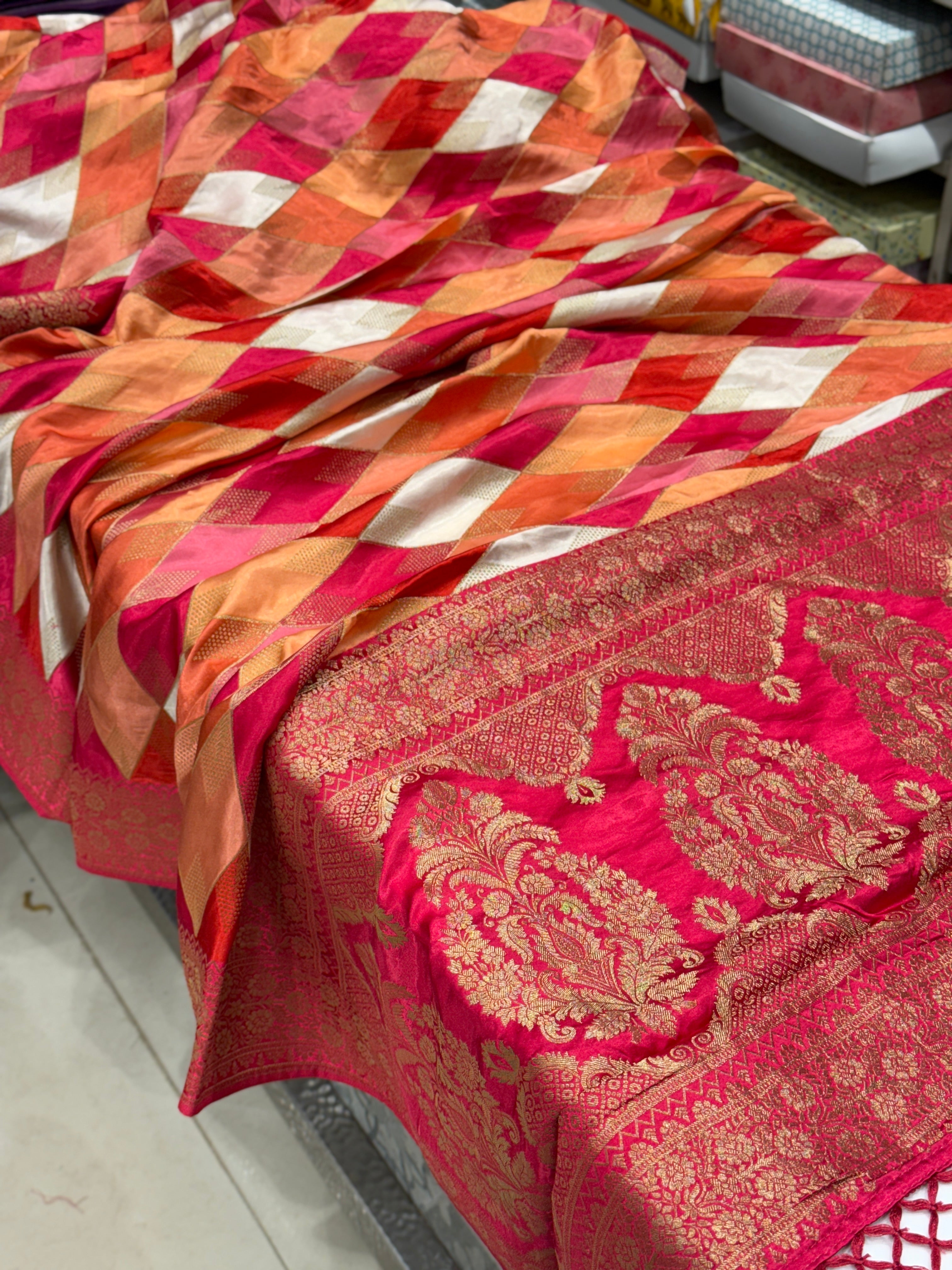 Moti White Contemporary Kaju Katli Design Banarasi Modal Satin Rangkat Saree
