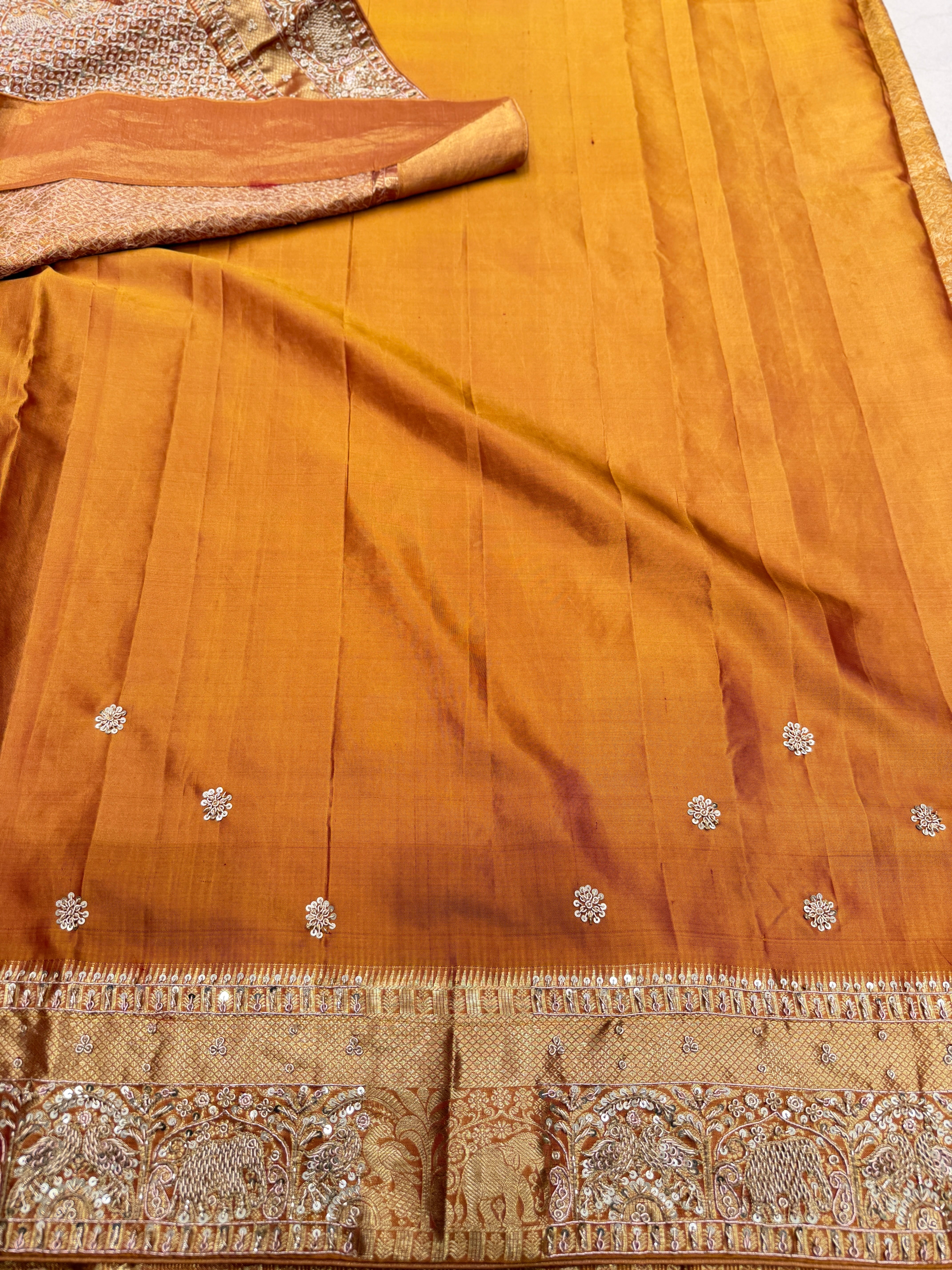 Mustard Yellow Kanjivaram Elephant Motif Hand Embroidery Zardosi Saree